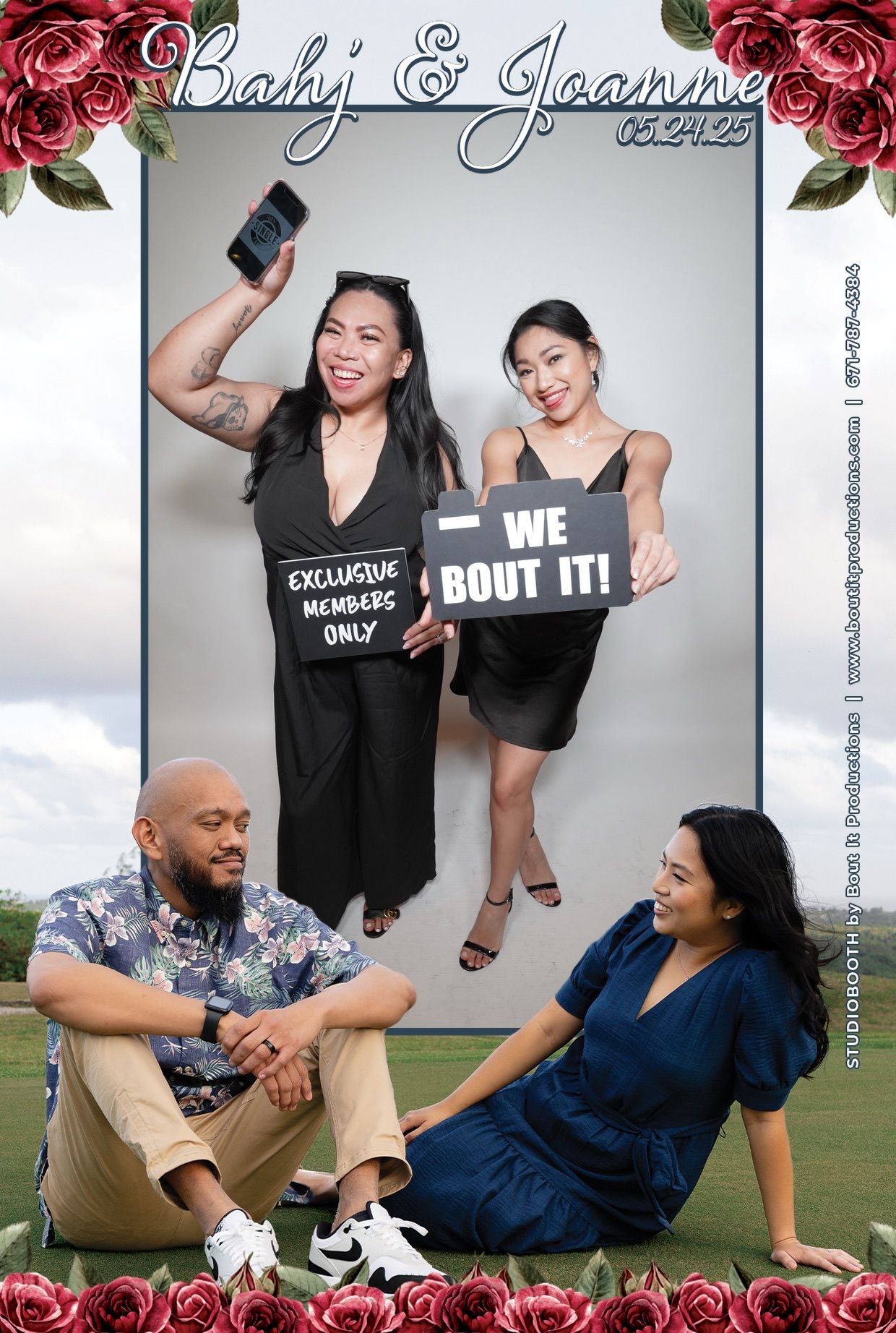 Guam Photo Booth capturing picture of four friends at Bahj & Joanne wedding on 05.24.25, holding fun signs outdoors.
