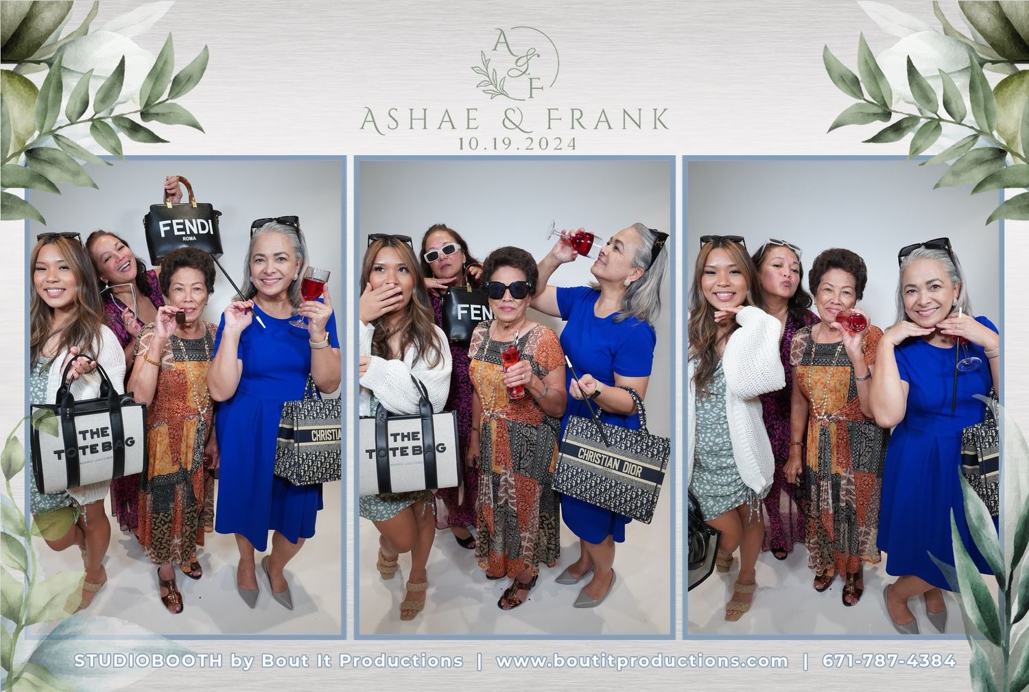 Guam Photo Booth capturing Wedding photo booth collage for Ashae and Frank on 10.19.2024, featuring a group of women in colorful dresses.