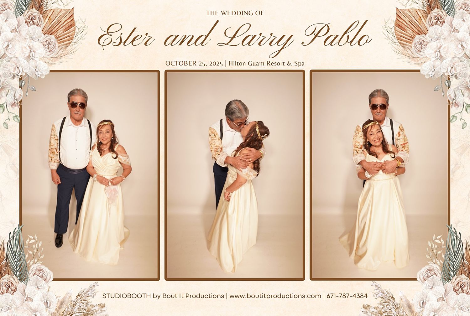 Guam Photo Booth capturing Wedding photo booth strip of Ester and Larry Pablo on October 15, 2022, couple dancing in cream formal wear.