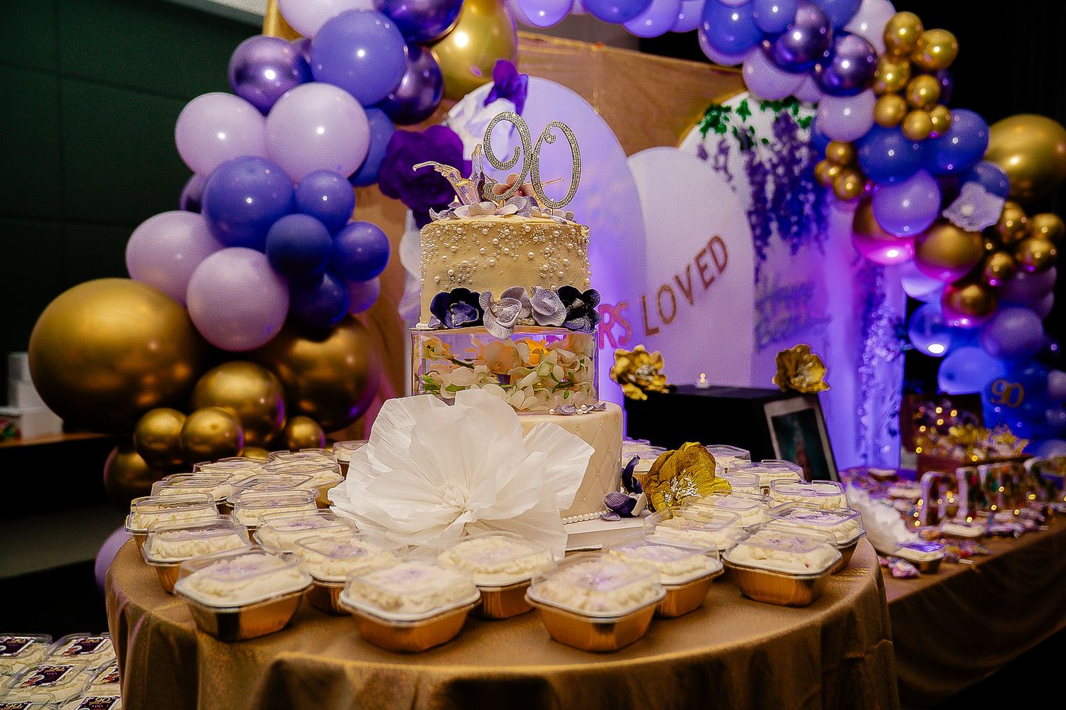 Guam event photographer capturing elegant birthday cake display with purple and gold balloon arch backdrop at a milestone celebration party.