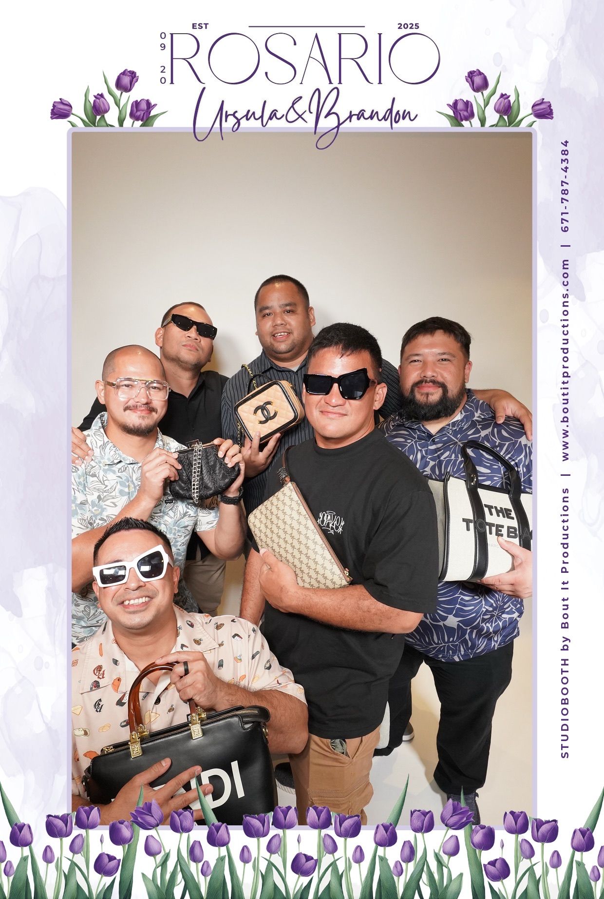 Guam Photo Booth capturing picture of six men wearing sunglasses and holding designer bags at Ursula and Brandon Rosario wedding.