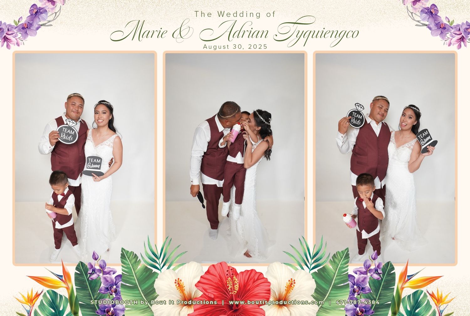 Guam Photo Booth capturing Wedding photo booth strip of Marie & Adrian Tyquiengco, featuring the couple and child in elegant attire.