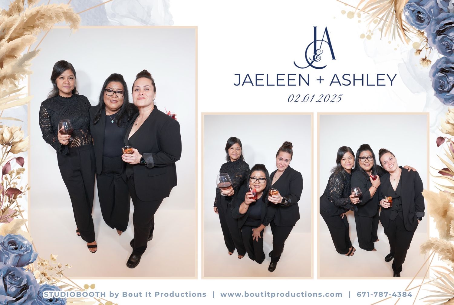 Guam Photo Booth capturing a collage for Jaeleen and Ashley on 02.01.2025, featuring two women in black formal attire posing together.