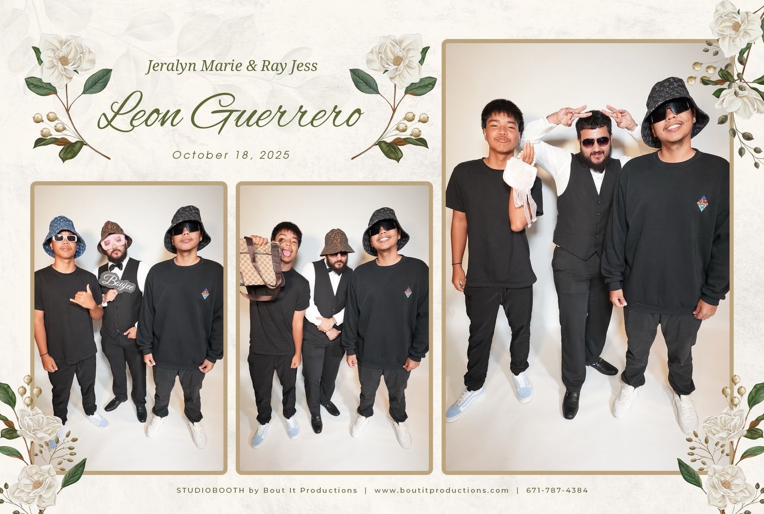 Guam Photo Booth capturingPhoto booth strip for Leon Guerrero family event, featuring group of men in all-black outfits.
