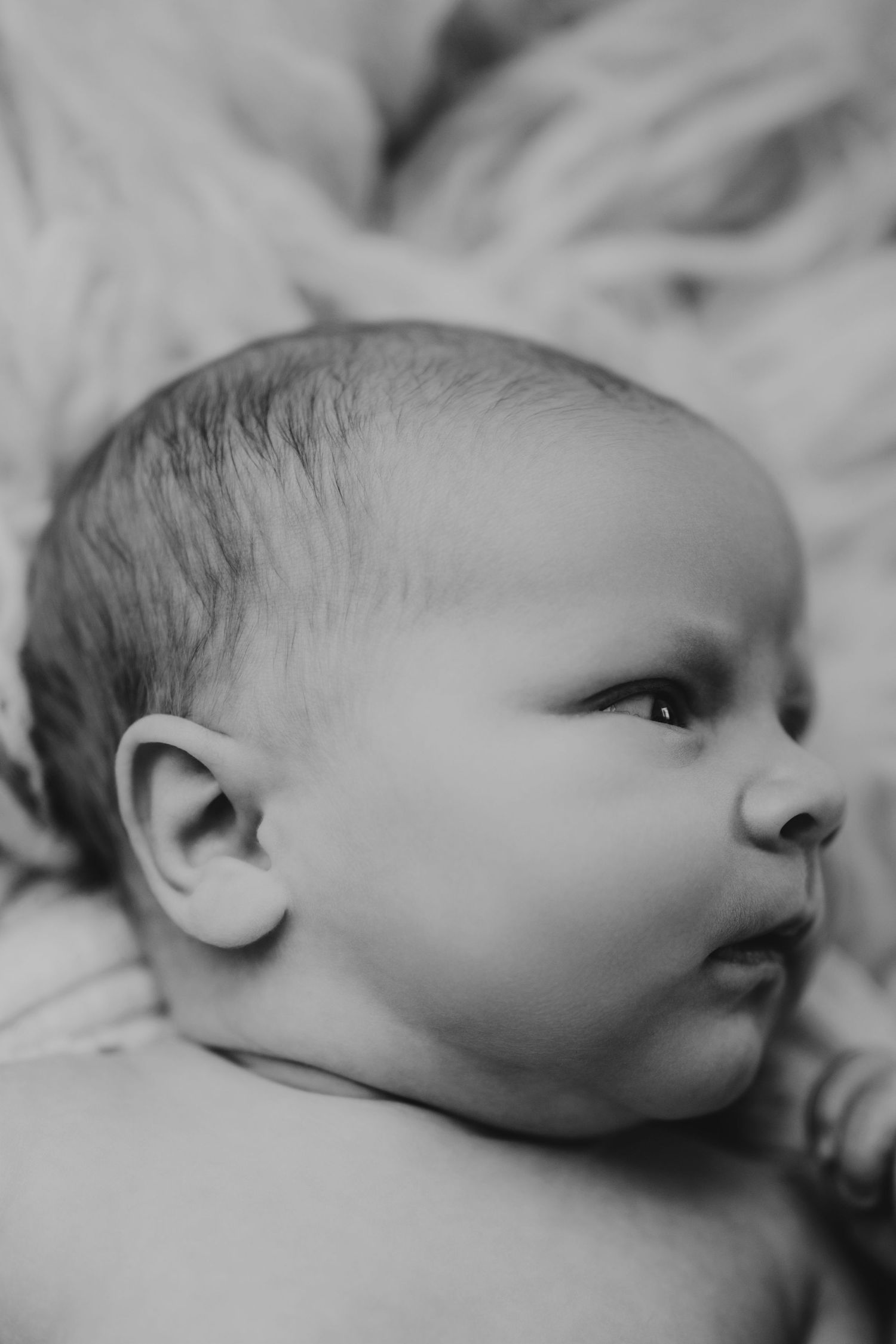 A series of black and white profile views showing different angles of a newborn baby's face.