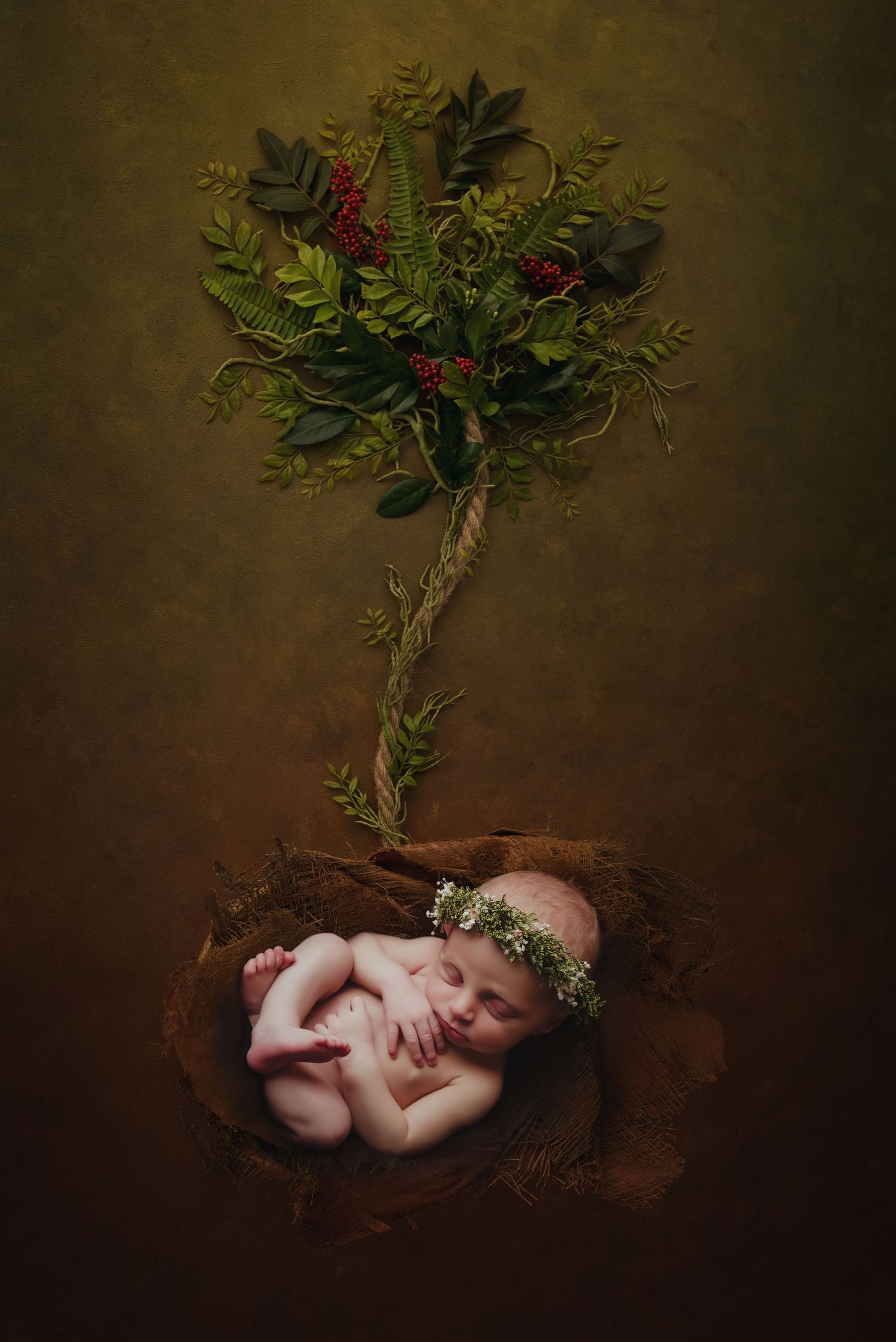 Artistic newborn photo with holly and berries suspended above in a magical Christmas setting.