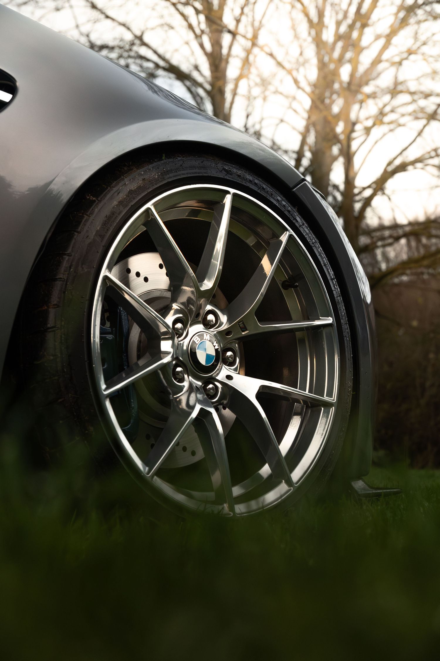 Close-up of a BMW alloy wheel on green grass with golden sunlight filtering through trees.