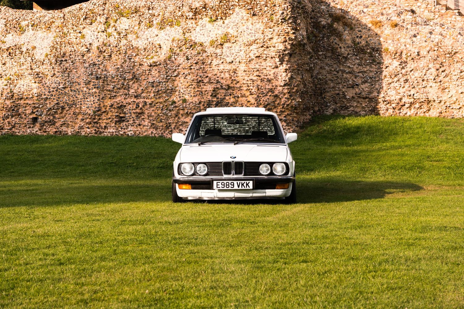 White BMW E30 parked on green grass in front of a rustic stone wall on a sunny day.