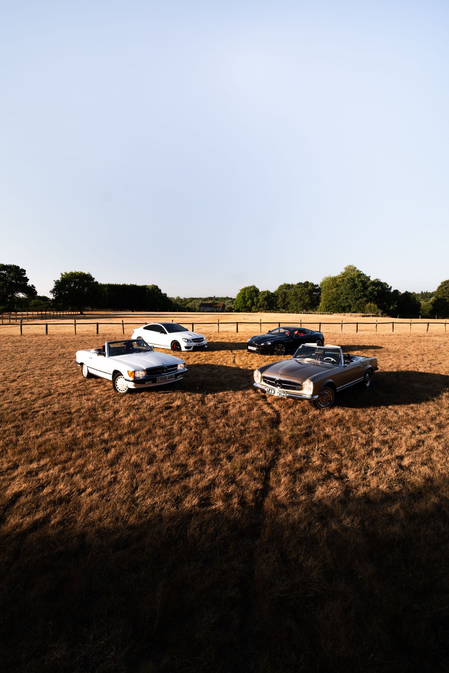 Four classic and modern Mercedes-Benz cars arranged in a field at golden hour, surrounded by wooden fencing and trees.