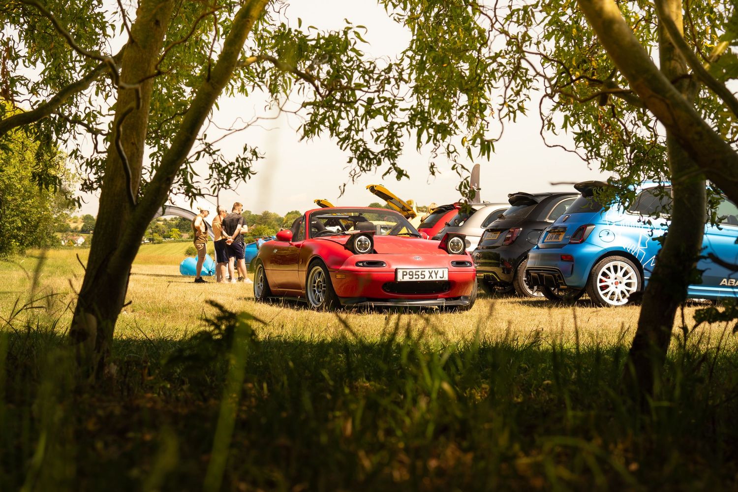 Red classic convertible sports car parked under trees at a golden hour outdoor car meet.