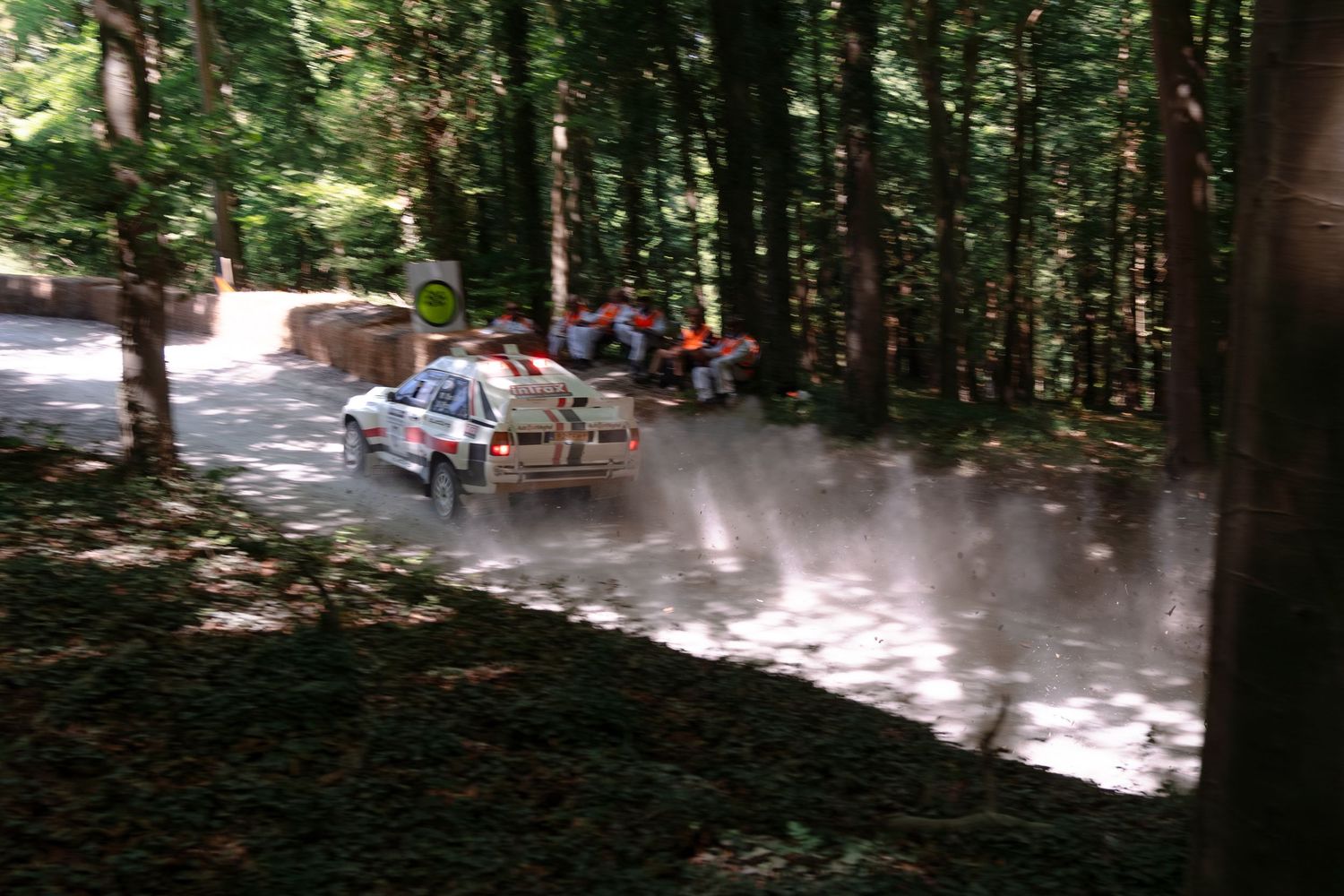 Rally car racing through a forest stage, kicking up dust on a narrow tree-lined road with spectators watching nearby.