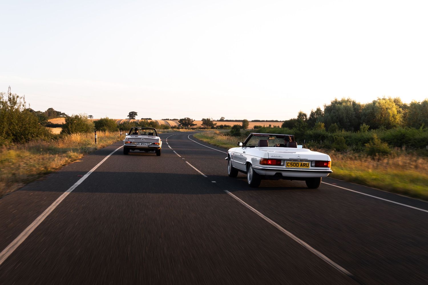 Two white classic cars driving on a straight open road at sunset surrounded by trees and flat countryside.