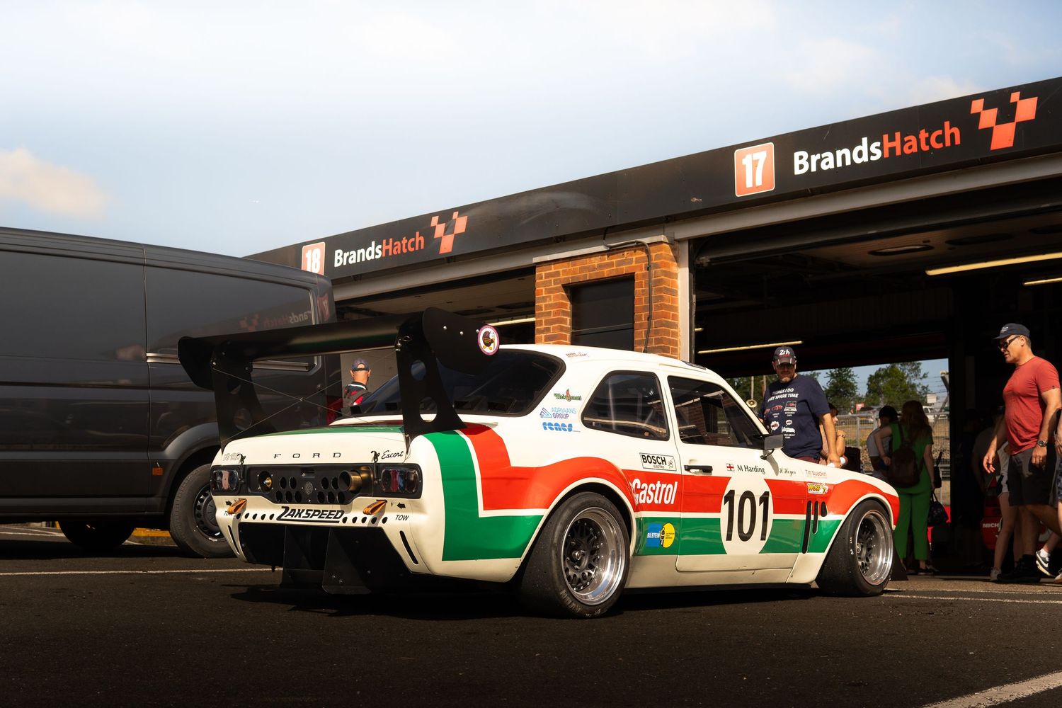 Classic Ford Escort race car number 101 in Castrol livery at Brands Hatch circuit.