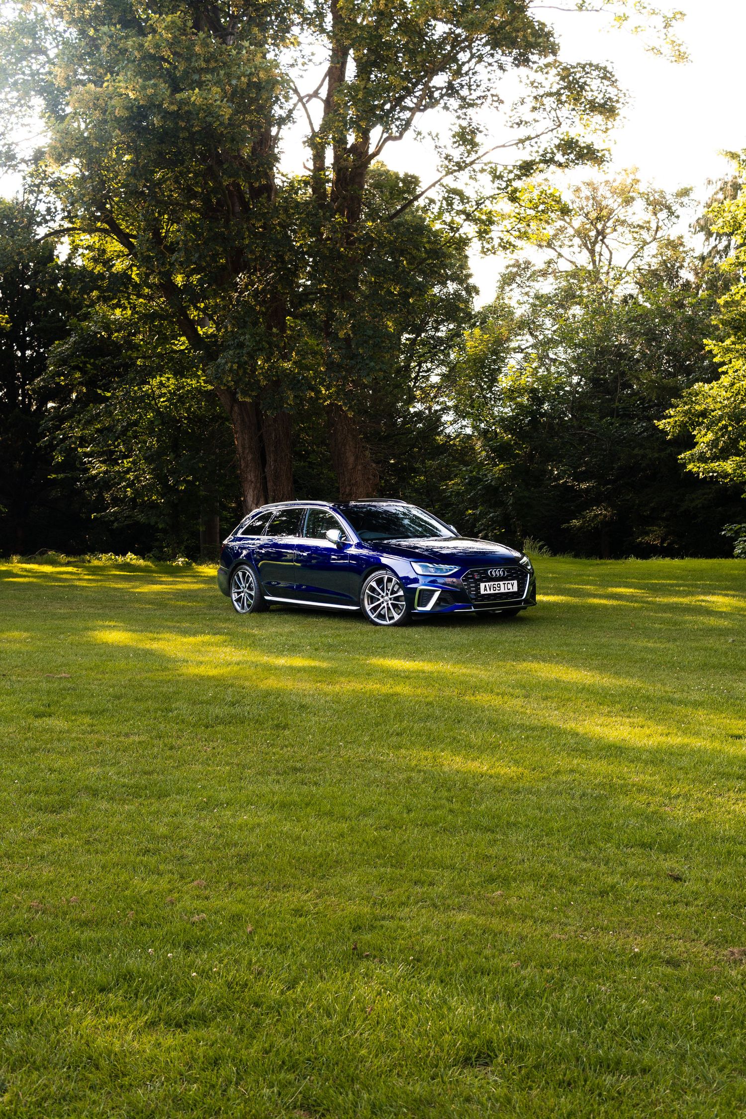 Blue estate car parked on lush green grass surrounded by tall trees in a scenic park setting.