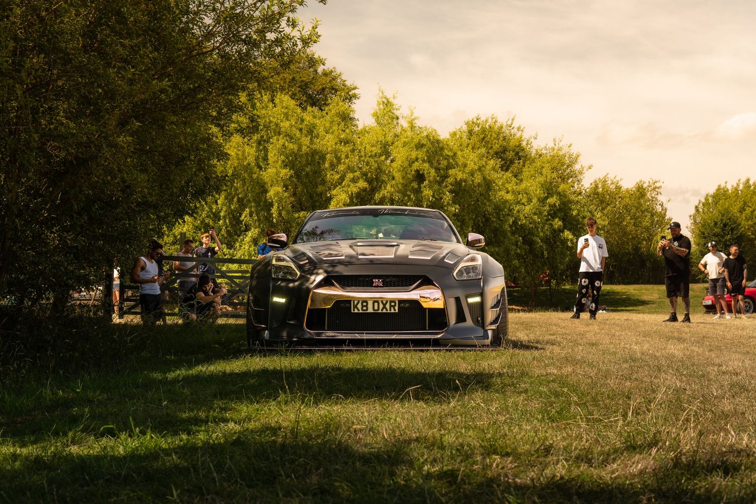 Dark Nissan GT-R parked on grass at golden hour with spectators and trees in the background.
