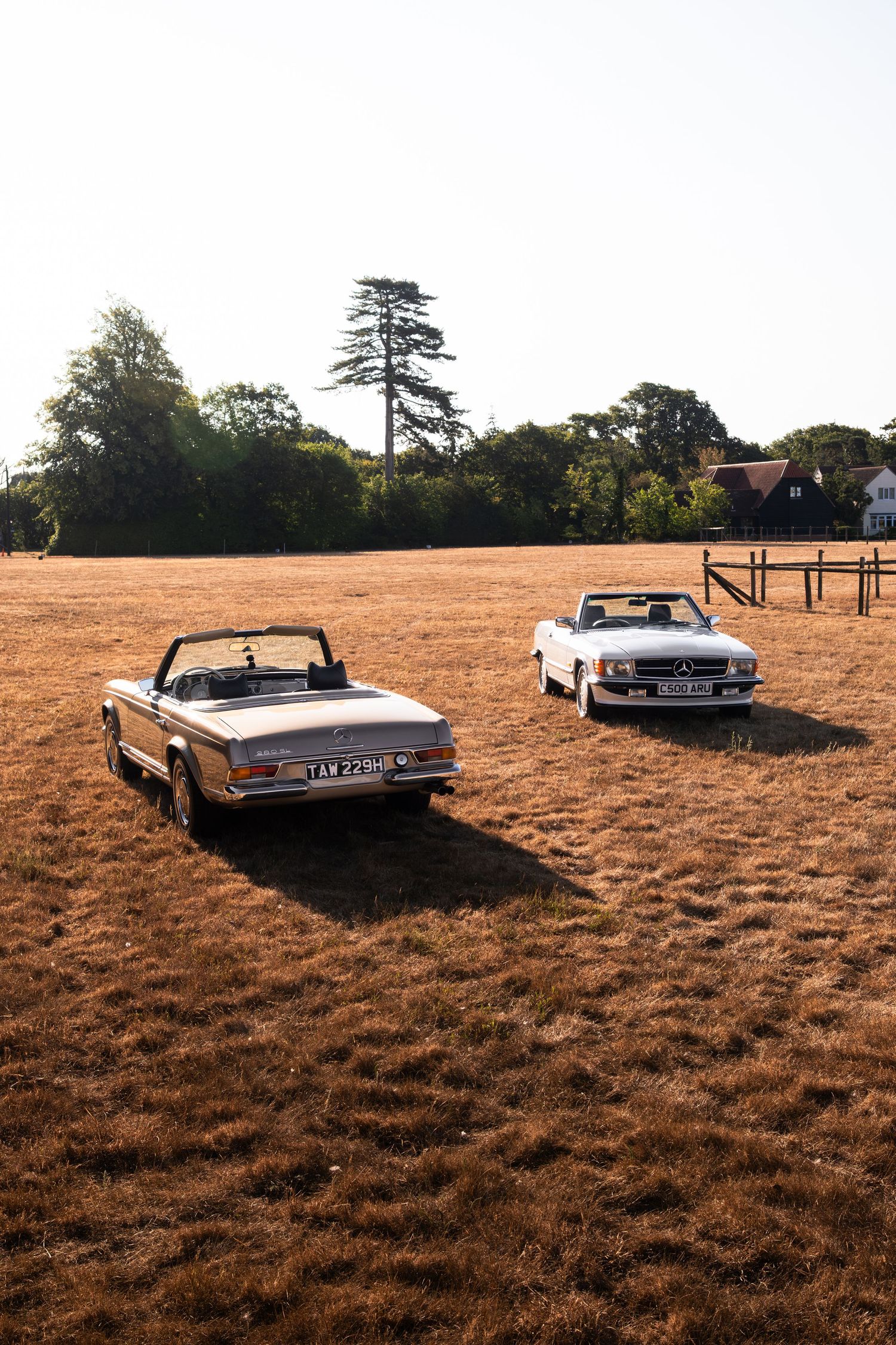 Two classic Mercedes-Benz convertibles parked in a golden field with trees and a farmhouse in the background.