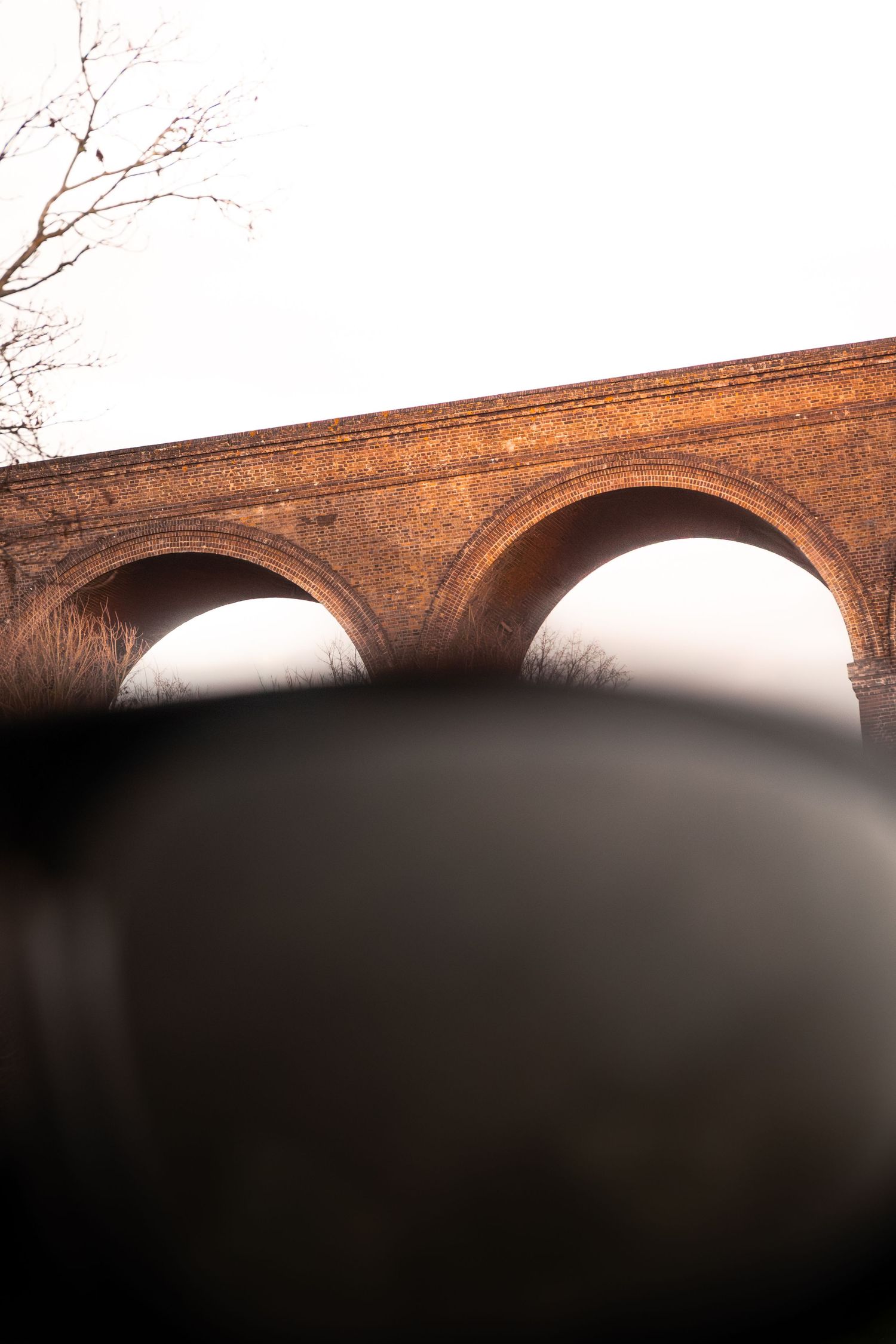 Low-angle view of a historic brick railway viaduct with arches framed by bare winter trees.
