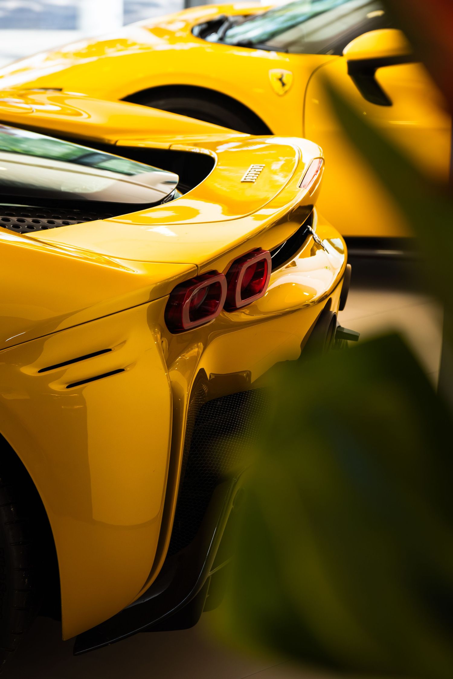 Two glossy yellow Ferrari sports cars parked side by side, showcasing sleek rear design with quad taillights.