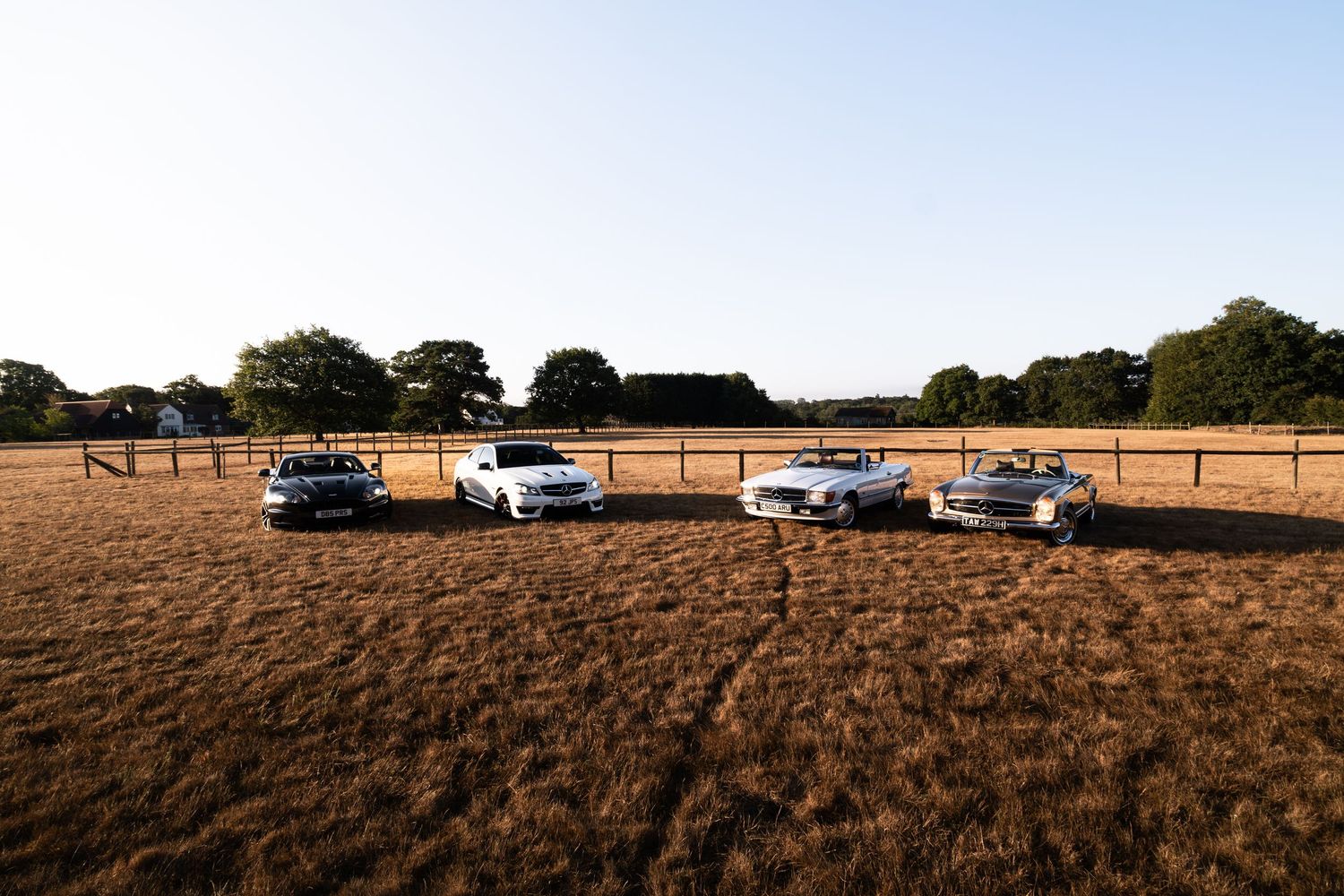 Four white luxury cars parked in a golden field at sunset with trees and wooden fence in background.