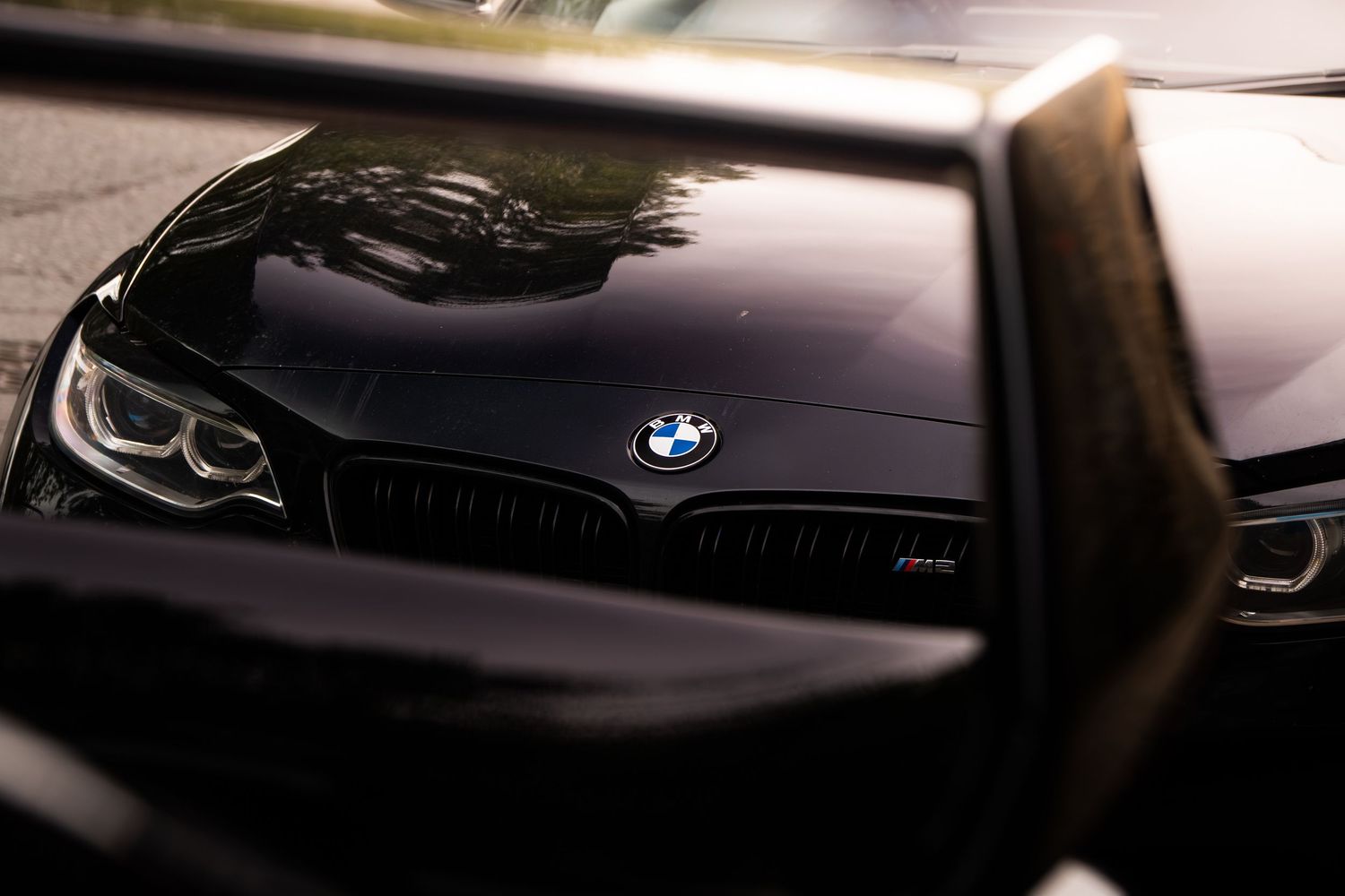 Black BMW with illuminated logo badge photographed from above through open door.