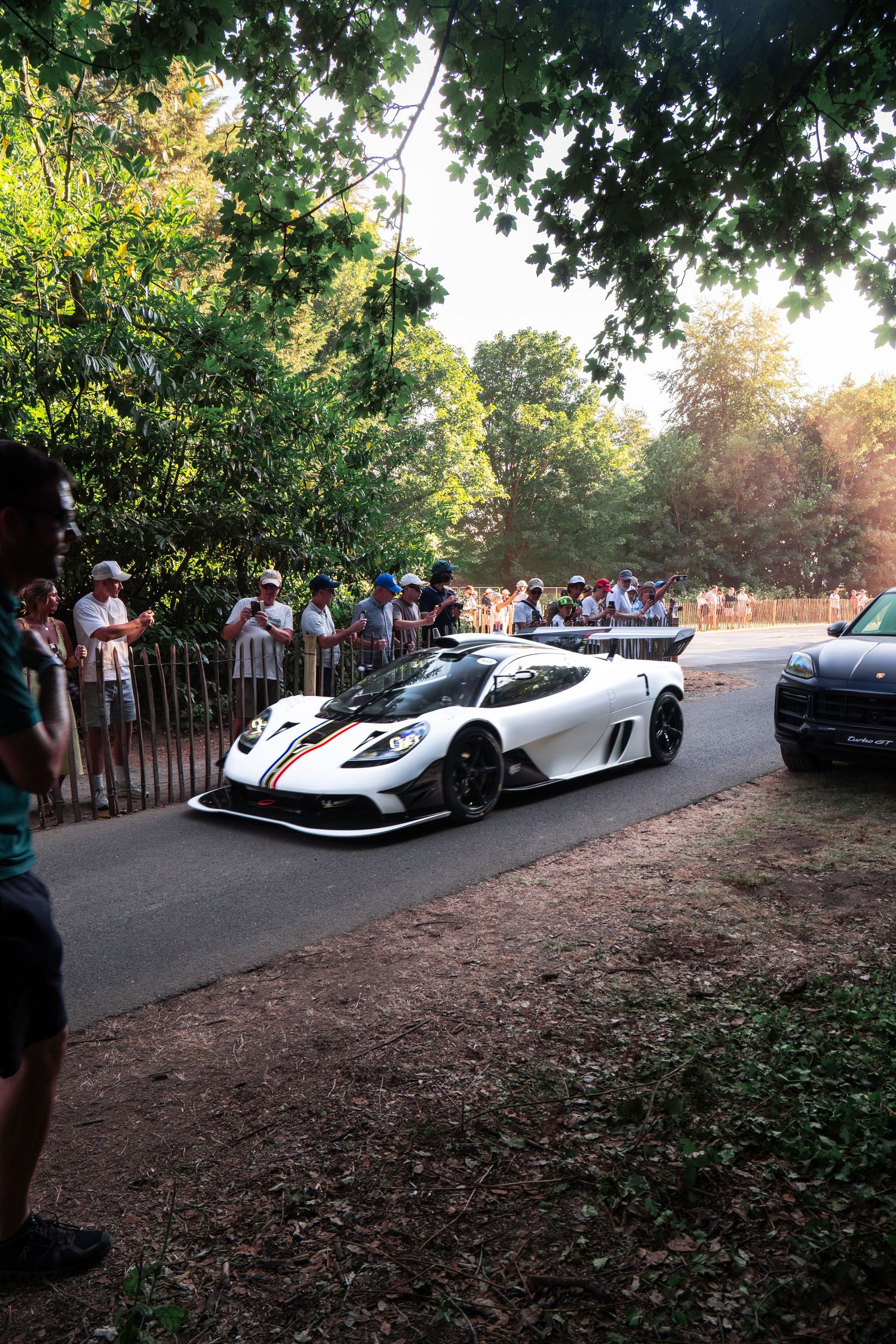 White supercar with racing stripes at Goodwood Festival of Speed, surrounded by spectators and lush trees.