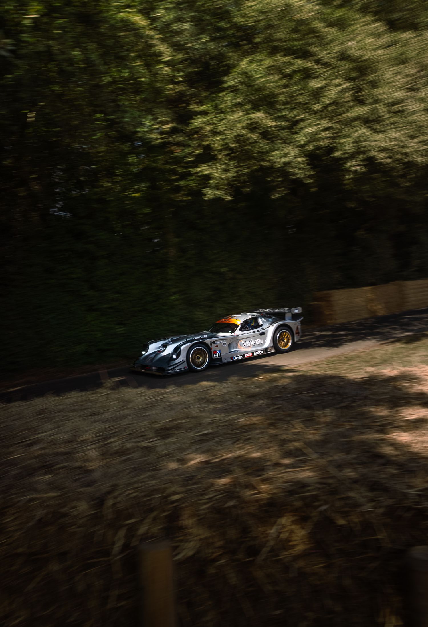 A silver racing car speeds along a sunlit track surrounded by dense green trees, captured with motion blur.
