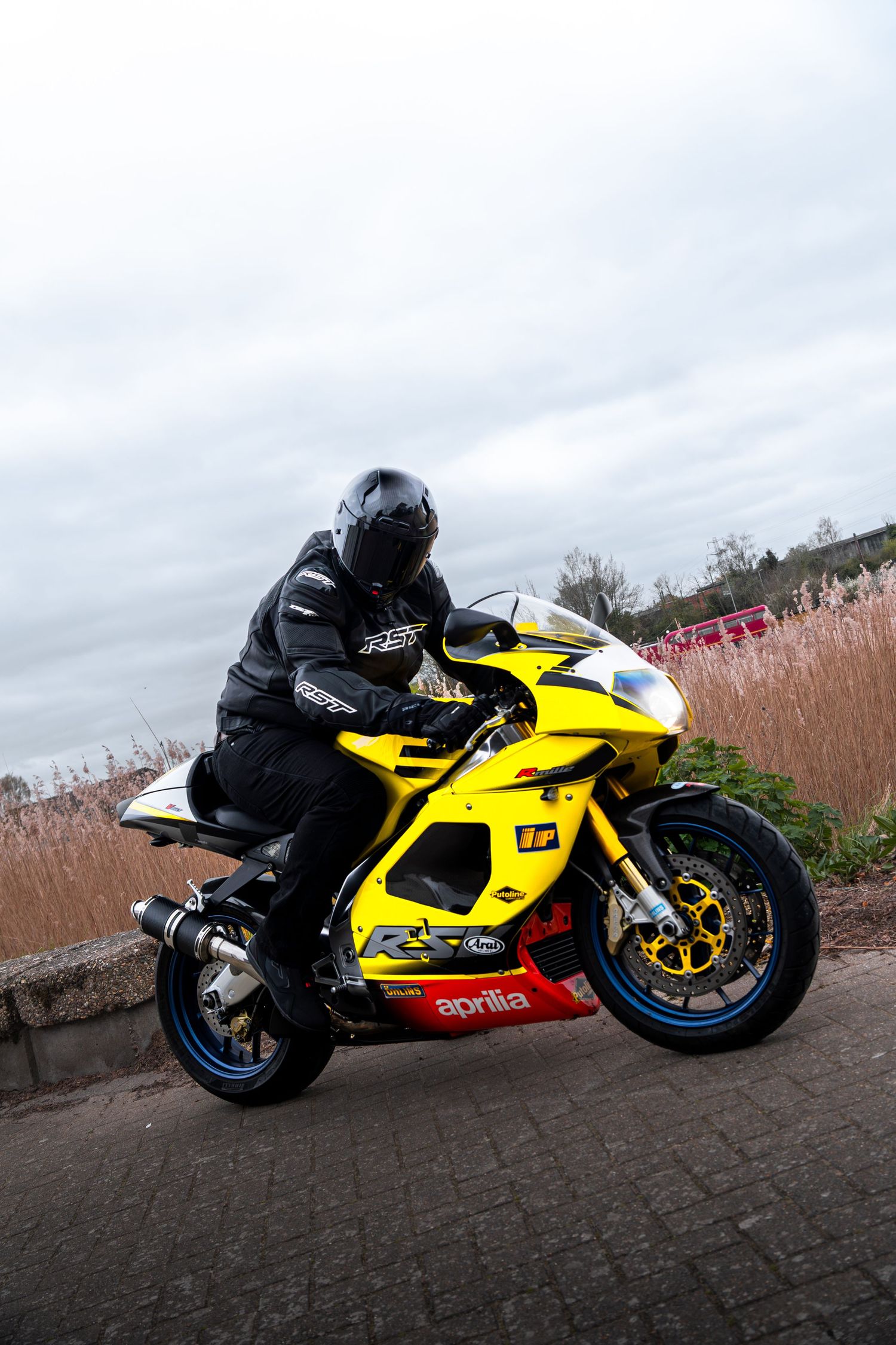Rider in black RST leathers on a yellow Aprilia RSV motorcycle parked near dry reeds.