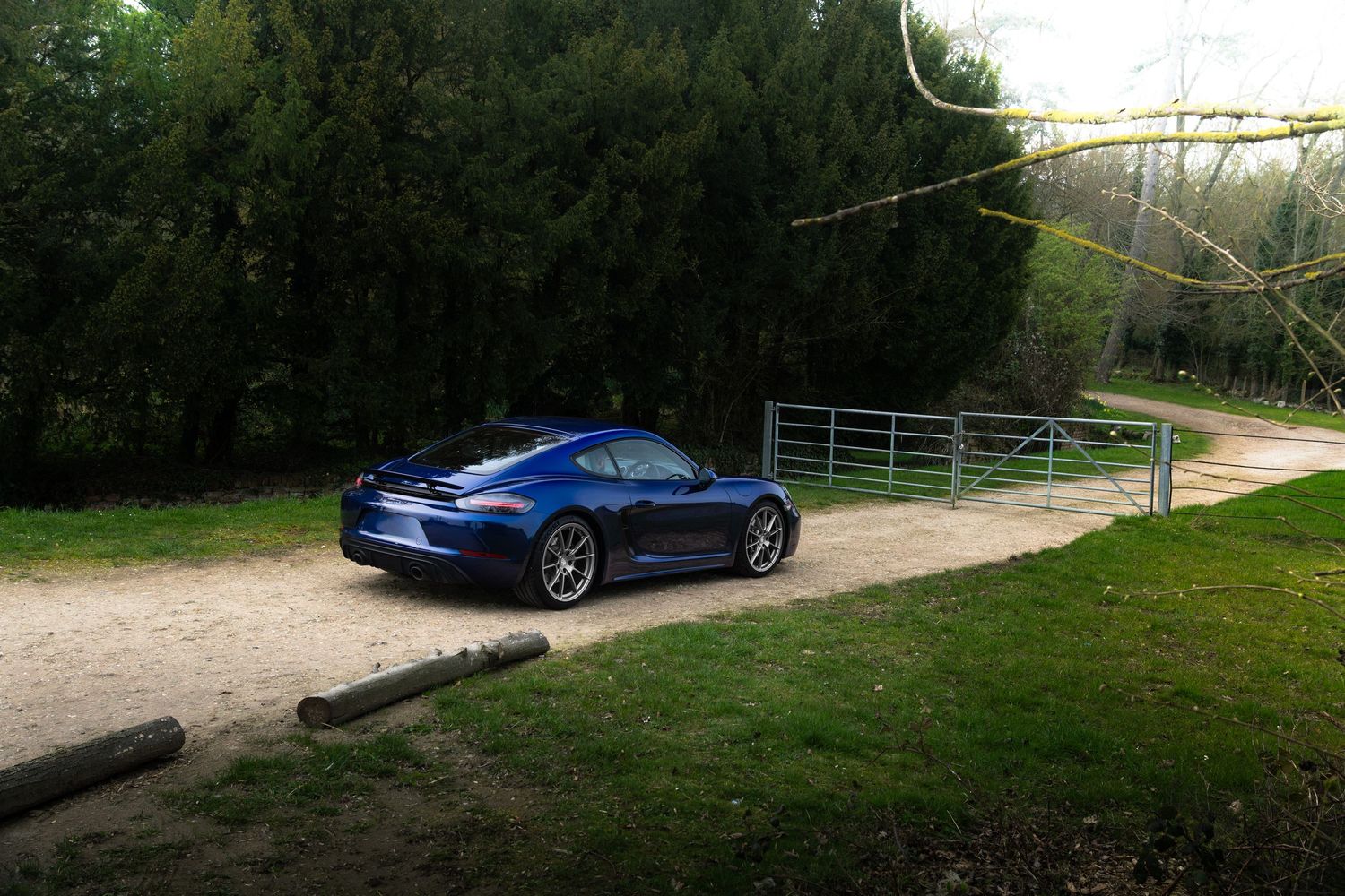 Blue Porsche 718 Cayman on a gravel path near a metal gate with lush green trees in background.