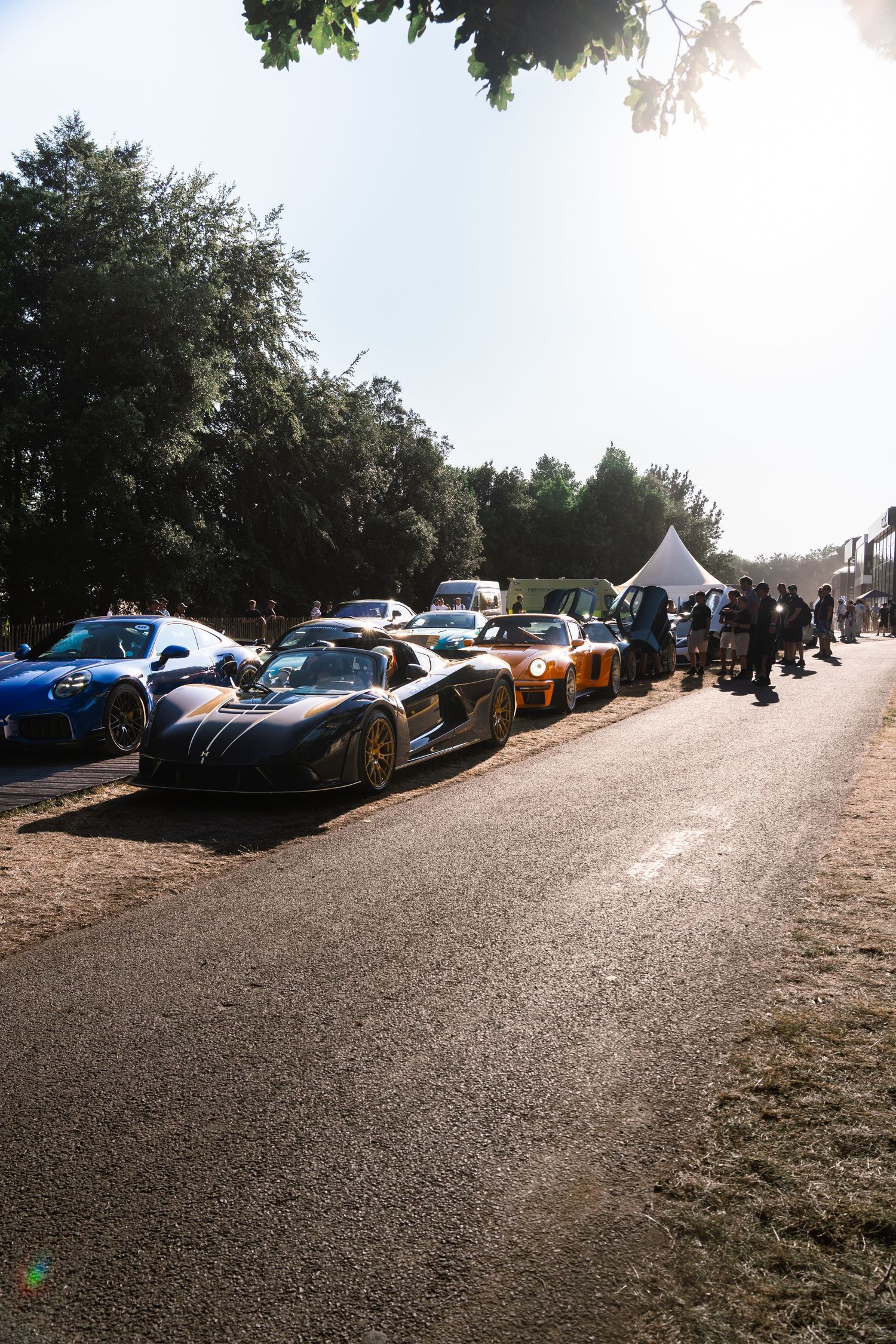 Exotic supercars lined up on a tree-lined road at an outdoor automotive event on a sunny day.