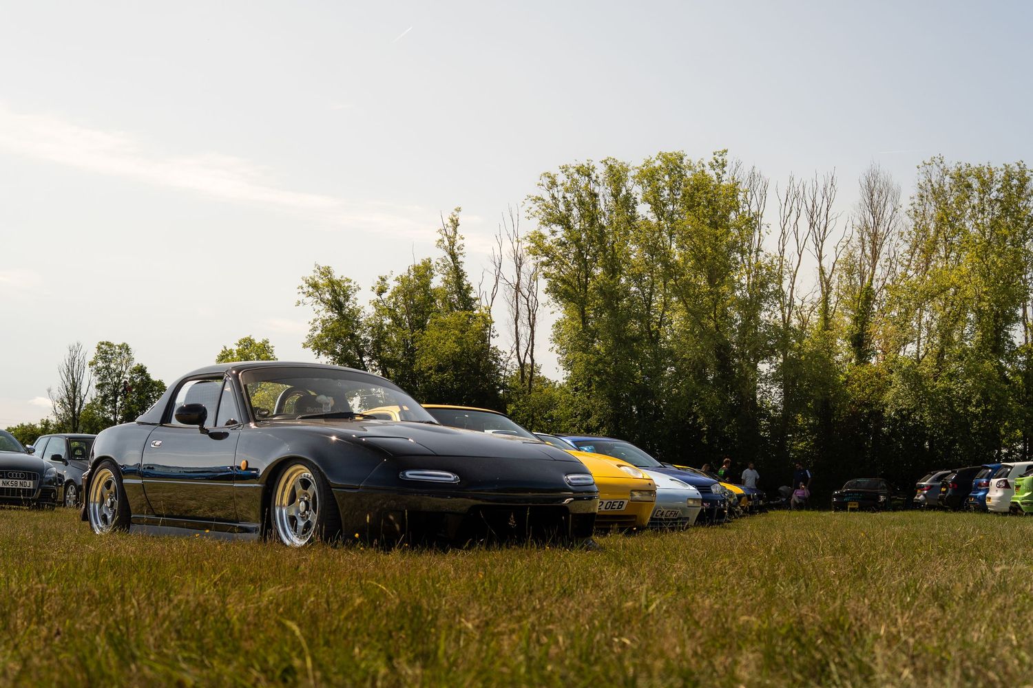 Black Mazda MX-5 Miata with yellow racing stripe parked on grass at outdoor car meet.