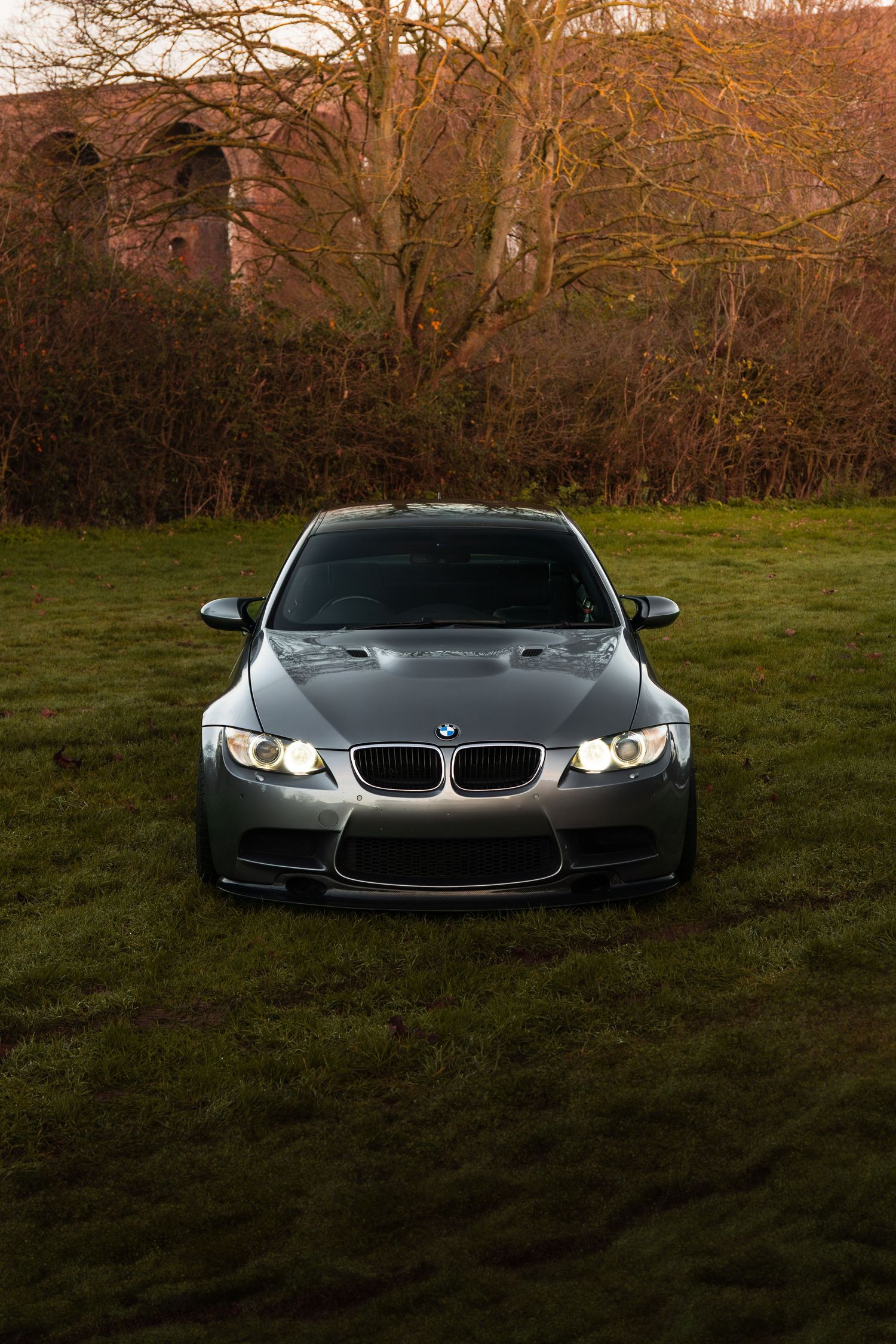 Front view of a silver BMW M3 parked on green grass with trees and brick arches behind.