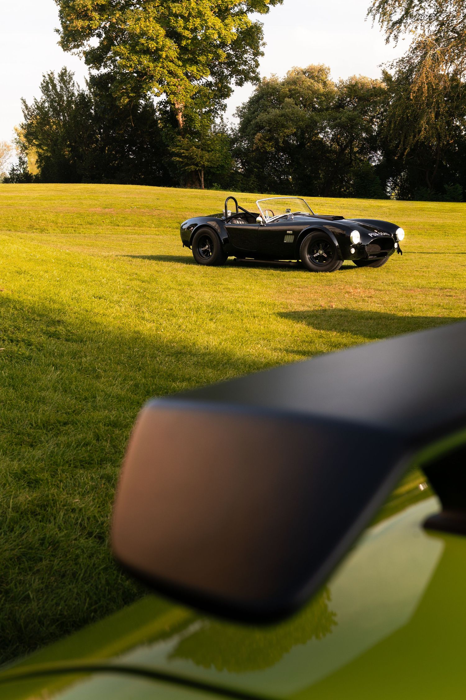 Black vintage Shelby Cobra roadster parked on lush green grass with trees in background, viewed from green car foreground.