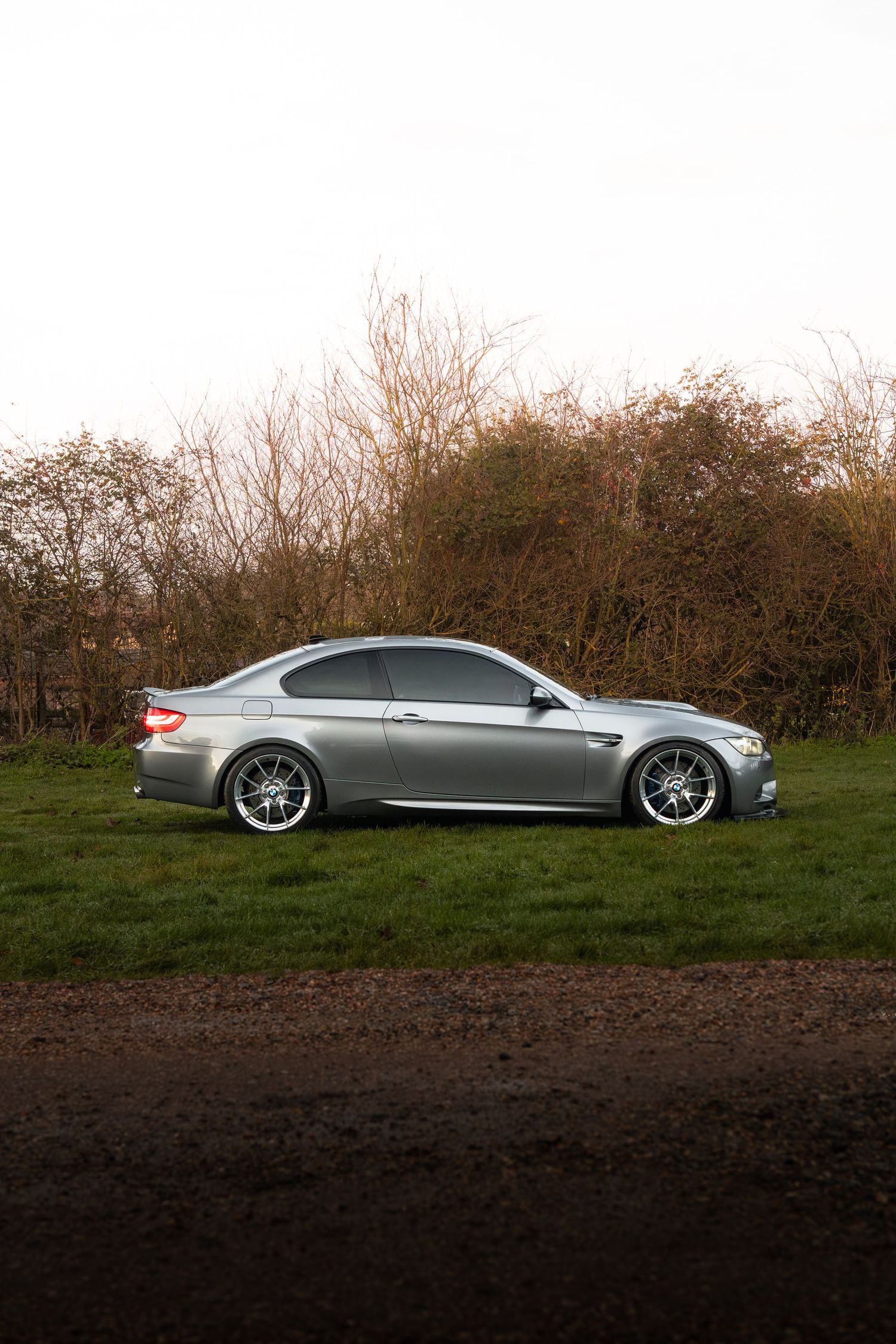 Side profile of a silver BMW M3 coupe parked on grass beside dense autumn hedgerows.
