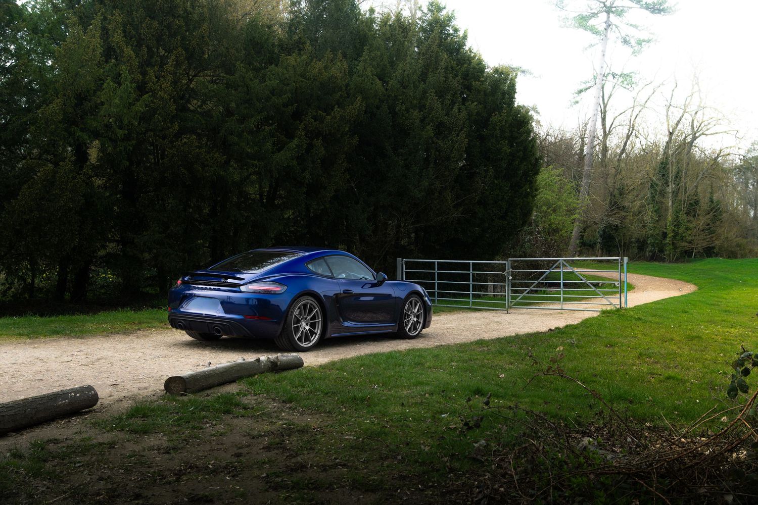Blue Porsche 718 Cayman parked on a gravel path beside a metal gate surrounded by tall trees.