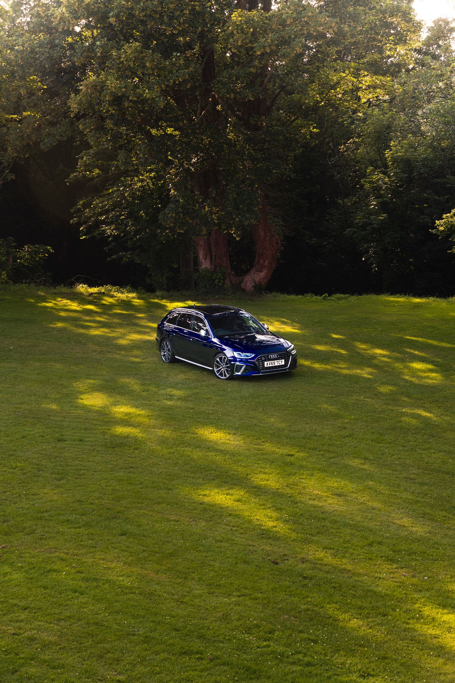 A navy blue Audi estate car parked on lush green grass surrounded by large trees in dappled sunlight.