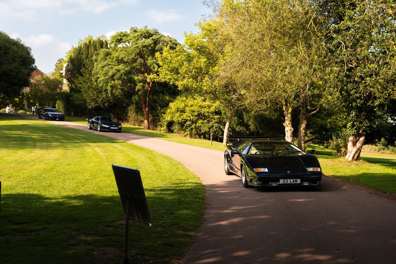 Black sports car driving along a tree-lined driveway through lush green parkland on a sunny day.