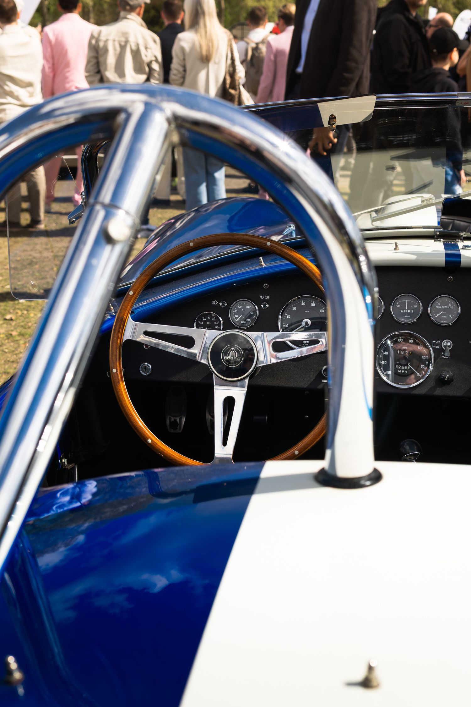 Interior of a blue and white AC Cobra showing wooden steering wheel, chrome gauges and roll bar detail.