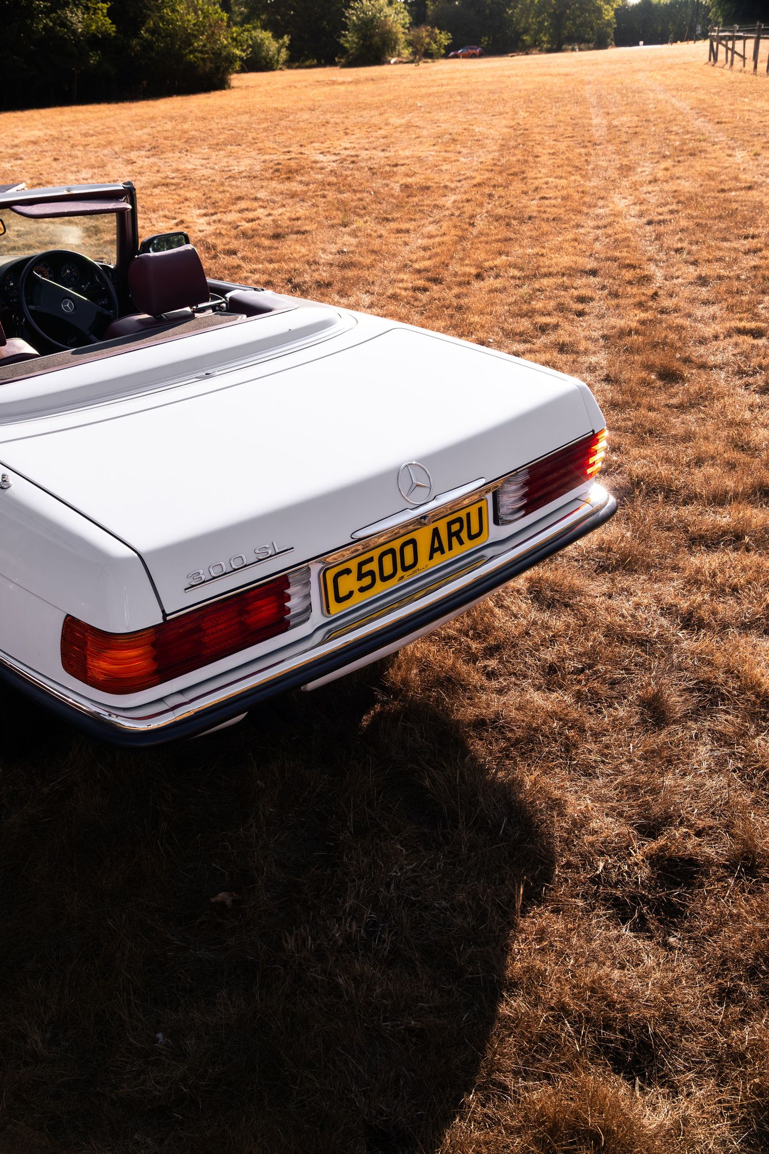 White Mercedes-Benz convertible with UK plate C500 ARU parked on dry grass field in golden sunlight.