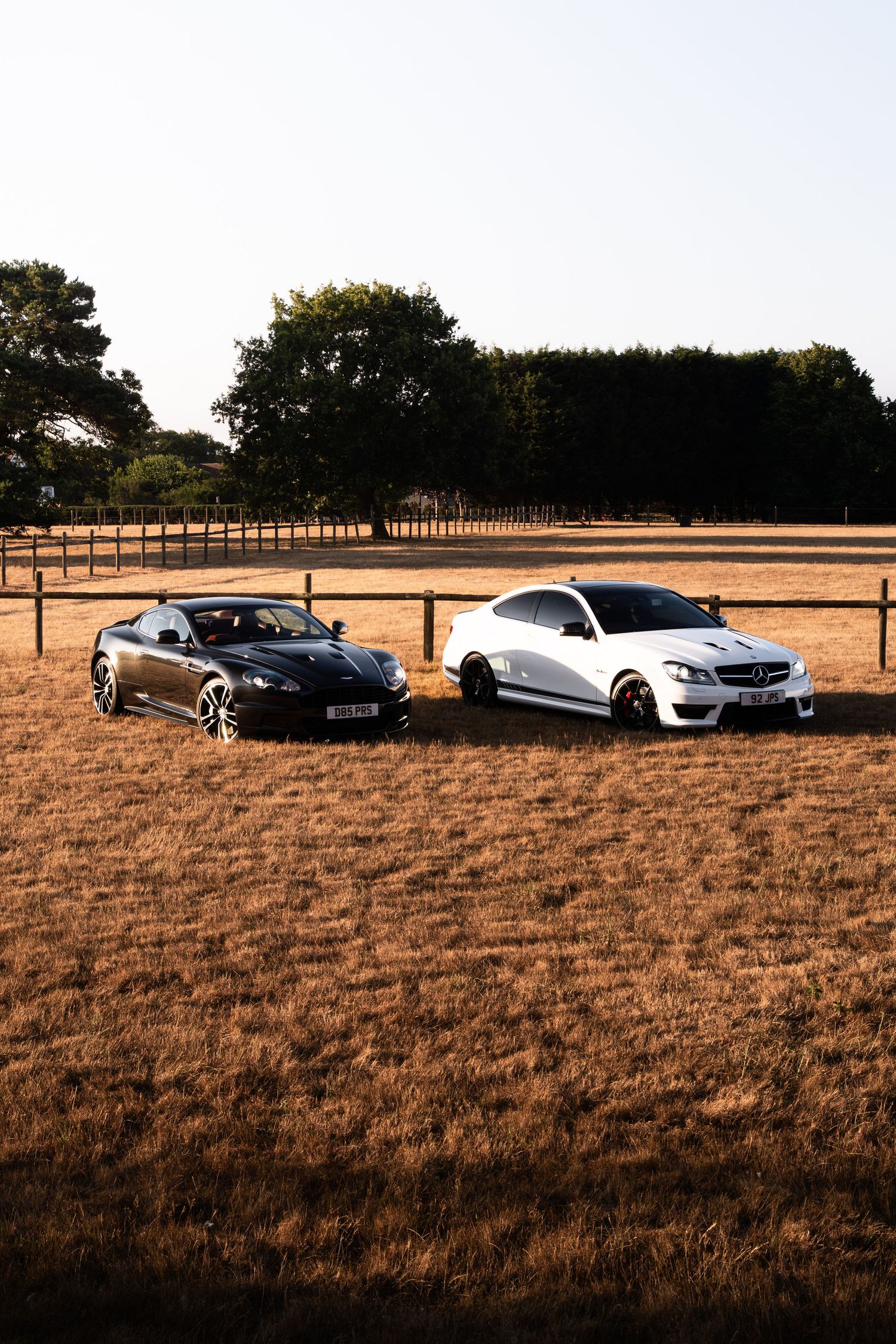 A dark Aston Martin and white Mercedes-Benz C63 AMG parked side by side on a dry grass field with wooden fencing.