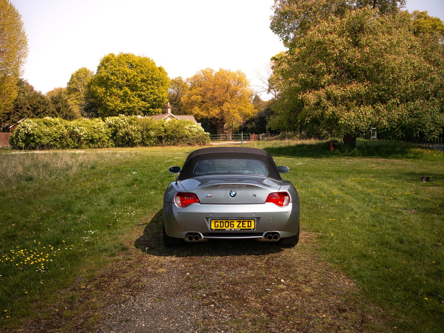 Rear view of silver BMW Z4 convertible with soft top closed parked on grass among autumn trees.