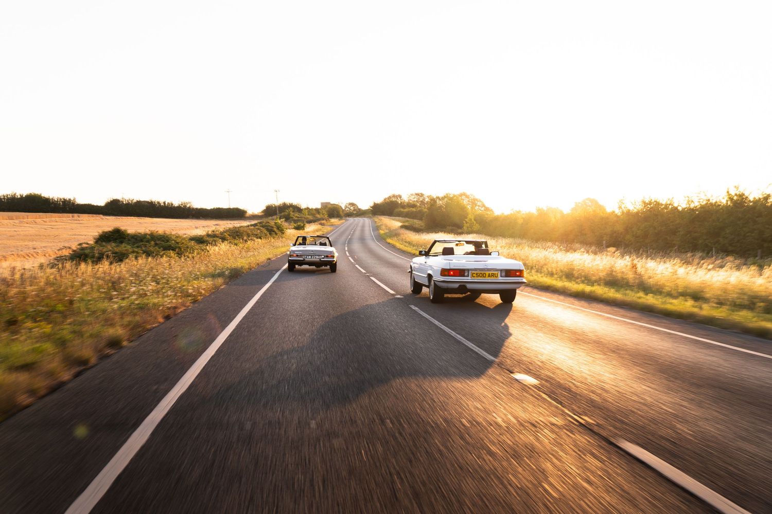 Two classic white convertible cars driving on a scenic rural road at golden sunset hour.