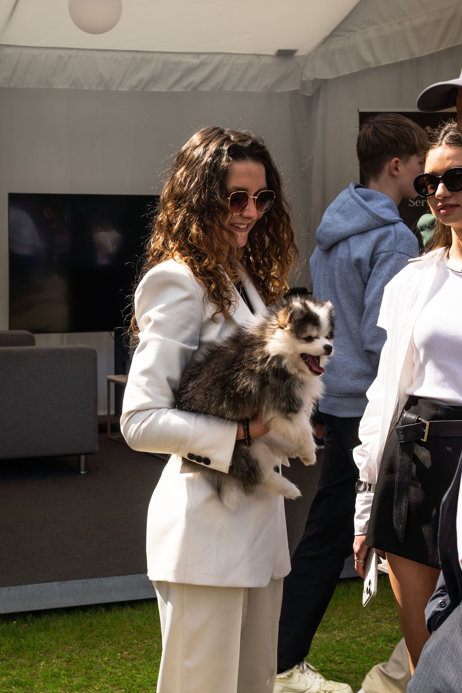 Stylish woman in white suit holding a fluffy Pomsky puppy at an outdoor luxury automotive event.