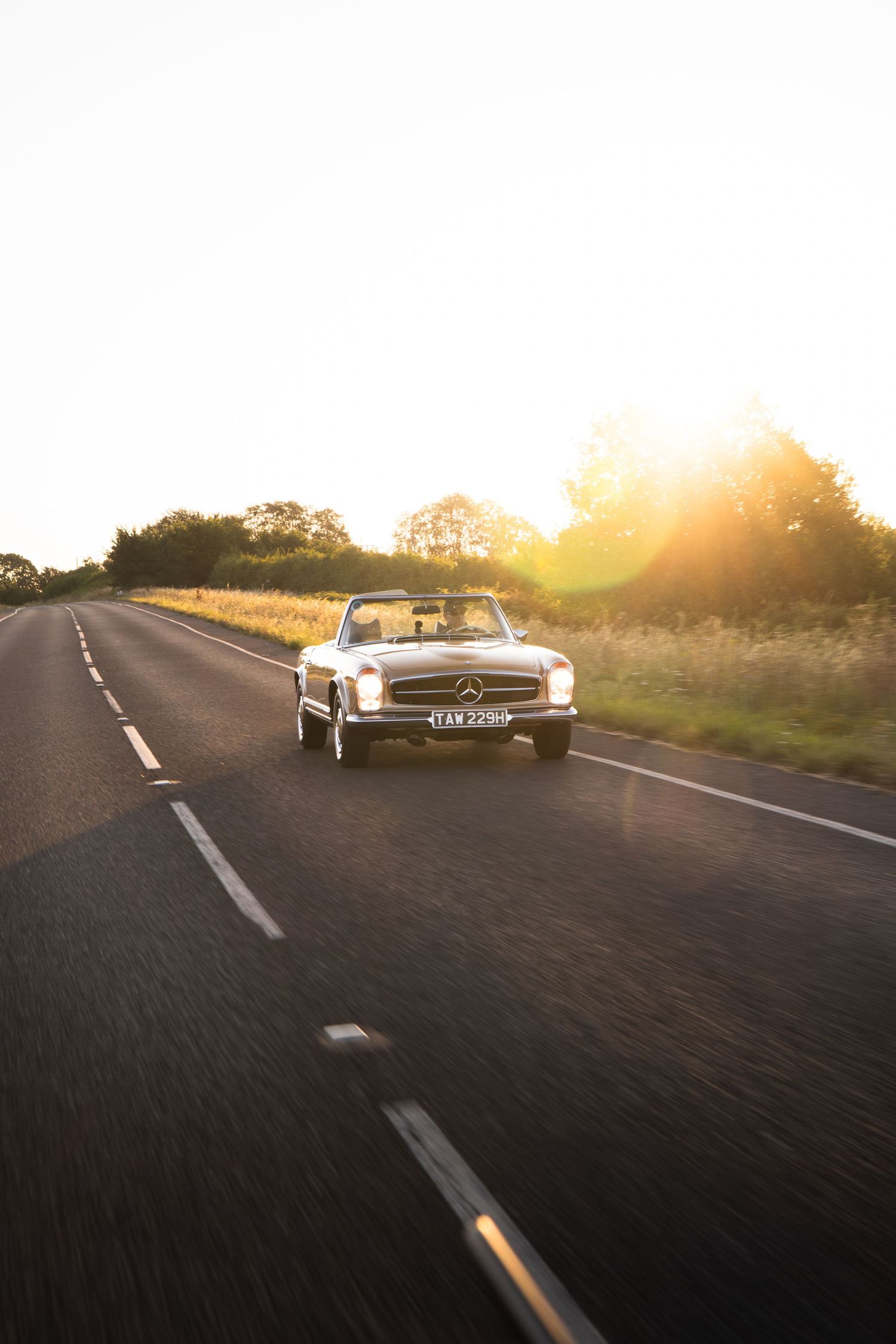 Classic Mercedes-Benz convertible driving on open road at golden sunset, surrounded by lush greenery and warm sunlight.