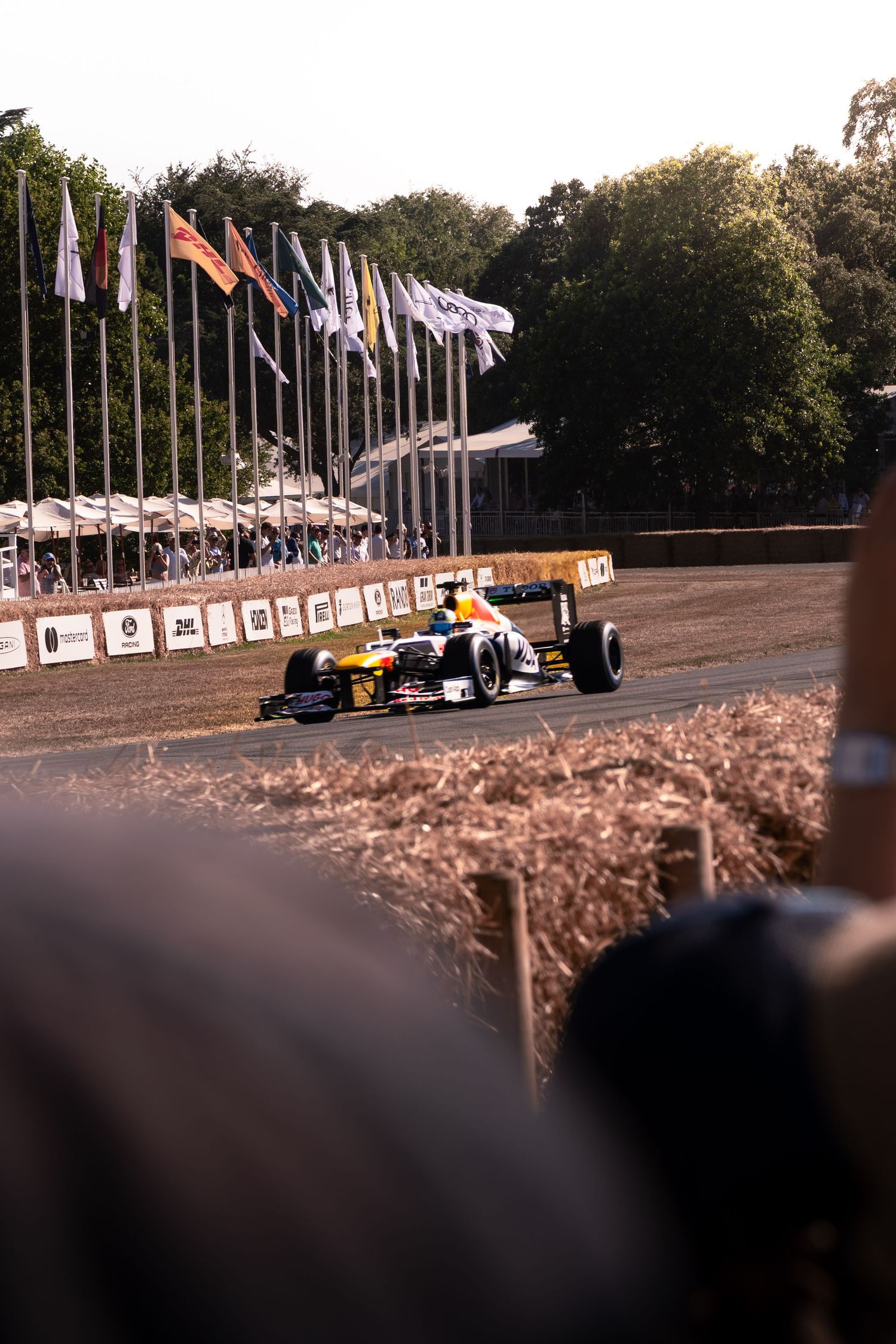 Formula 1 race car speeding past colorful international flags at Goodwood Festival of Speed hillclimb event.