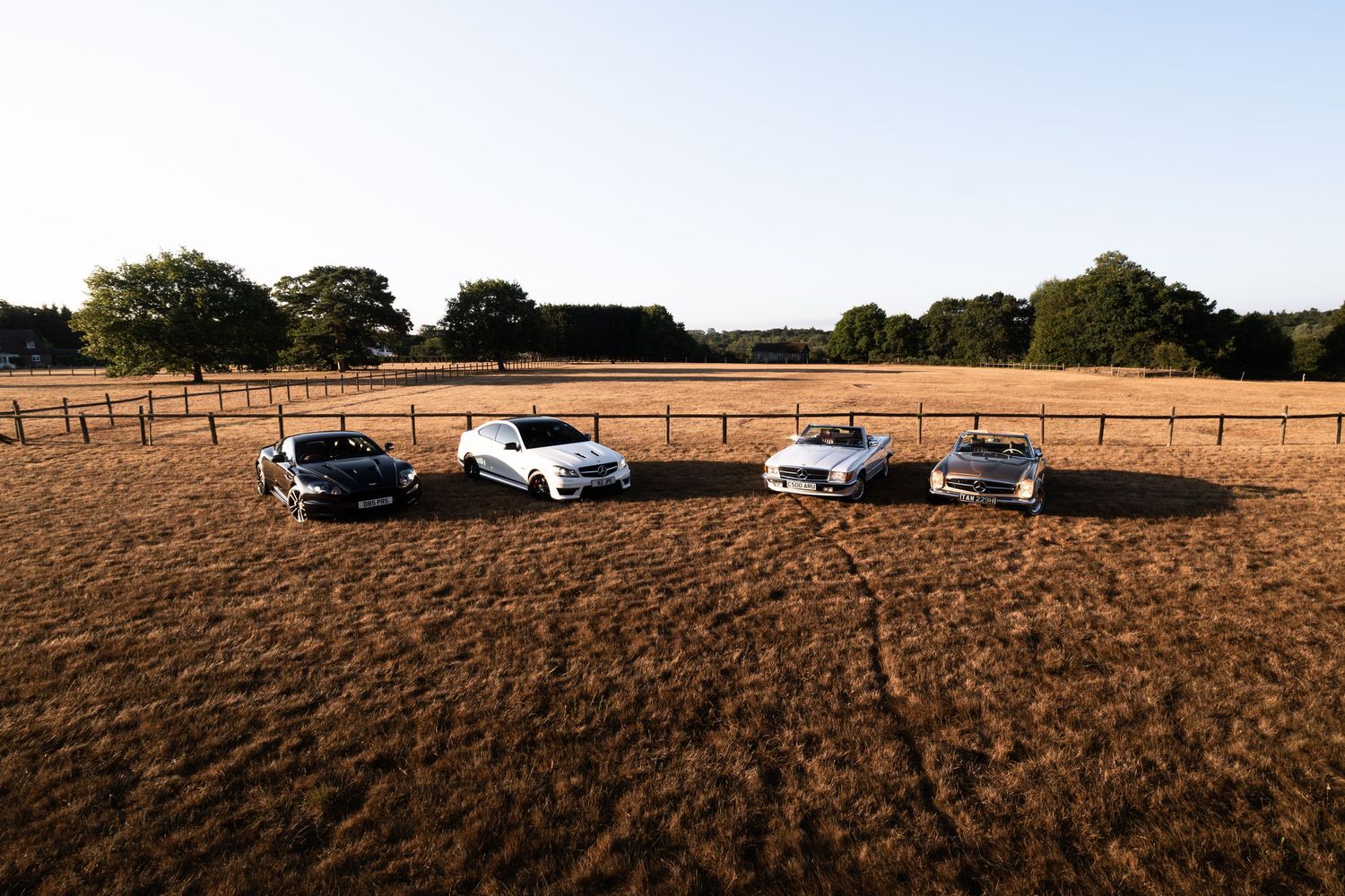 Four white luxury cars parked in a golden field at sunset with wooden fencing and trees in the background.