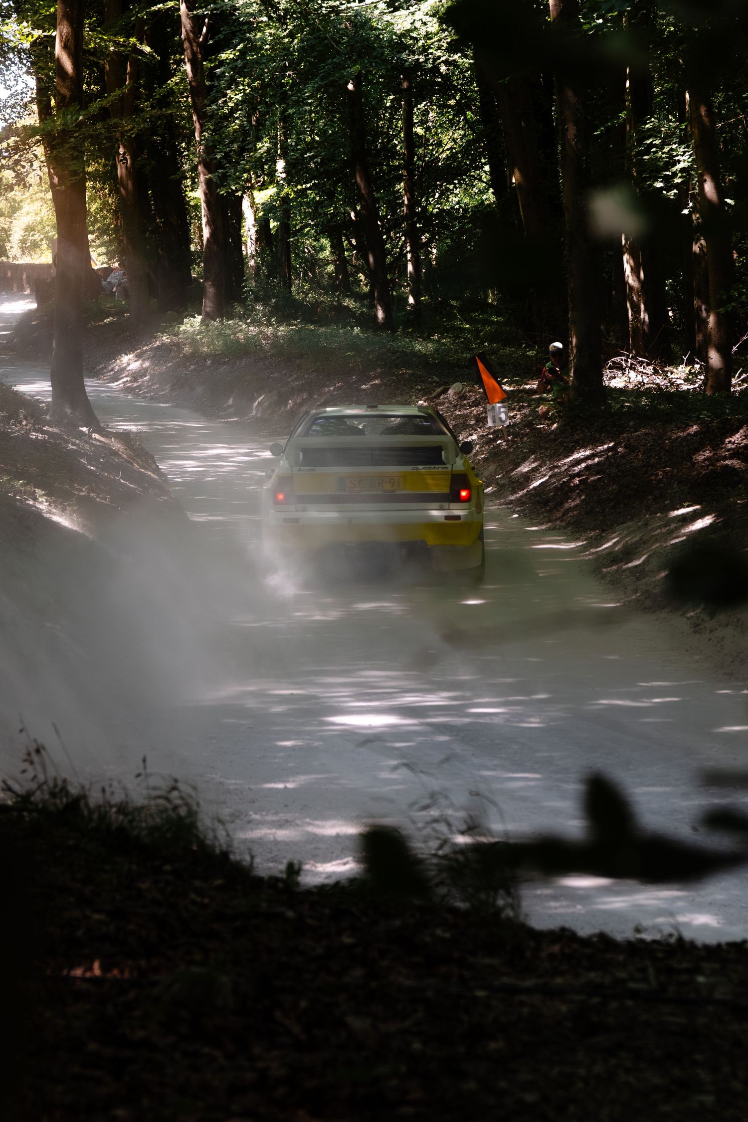 Yellow rally car speeding through a dusty forest road, kicking up dust clouds among tall trees.