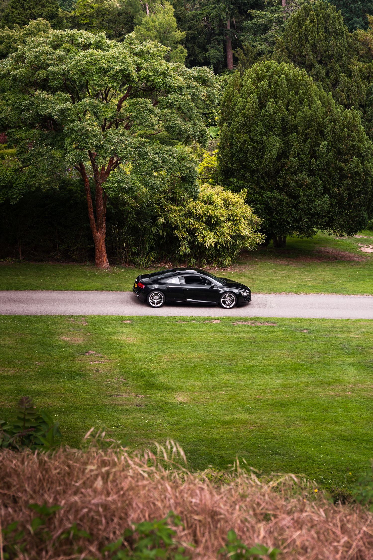 Black sports car parked on a gravel path surrounded by lush green trees and manicured lawn in a scenic park.