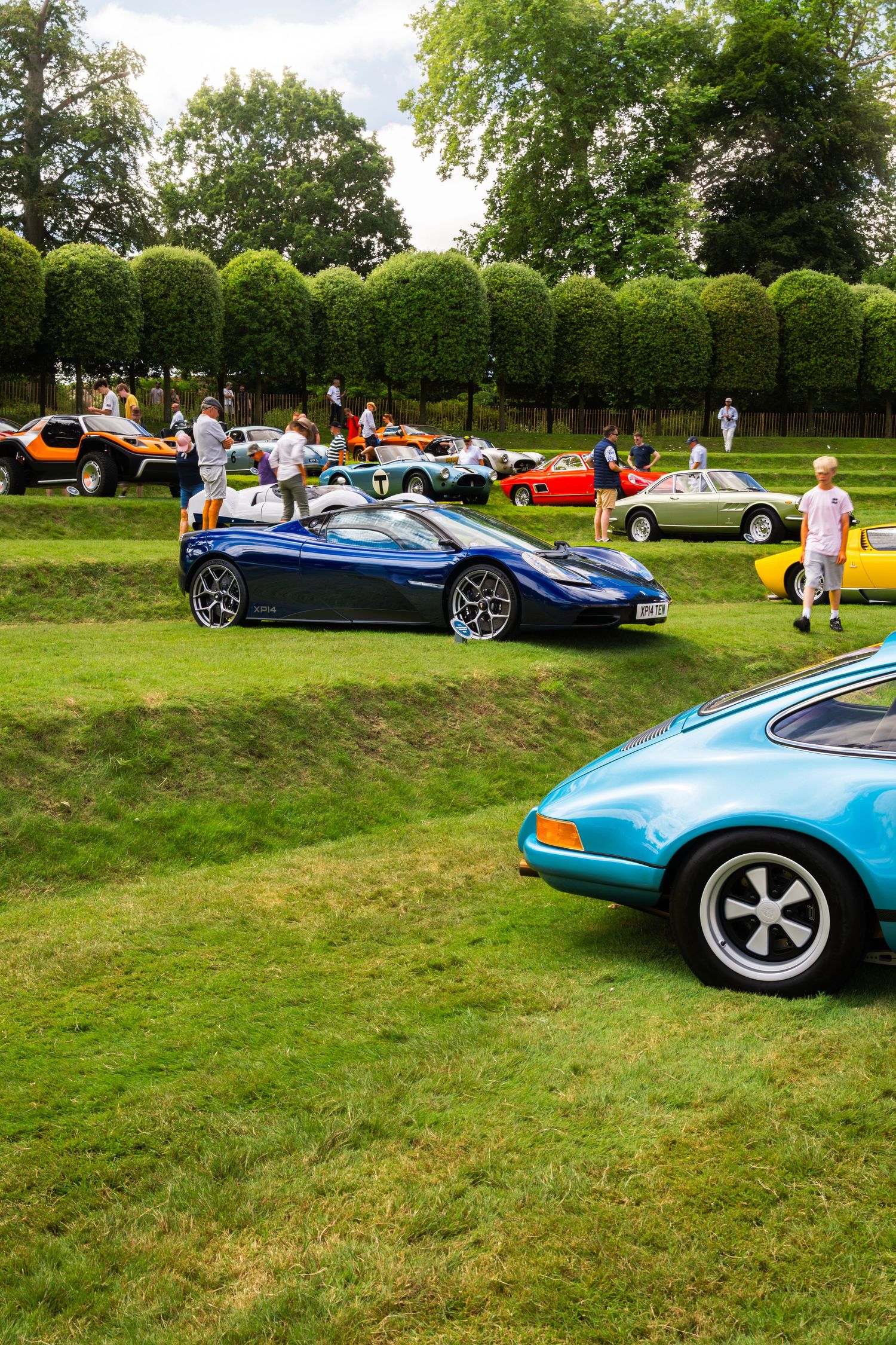 Classic and modern sports cars on display at an outdoor car show on green grass with manicured hedges.