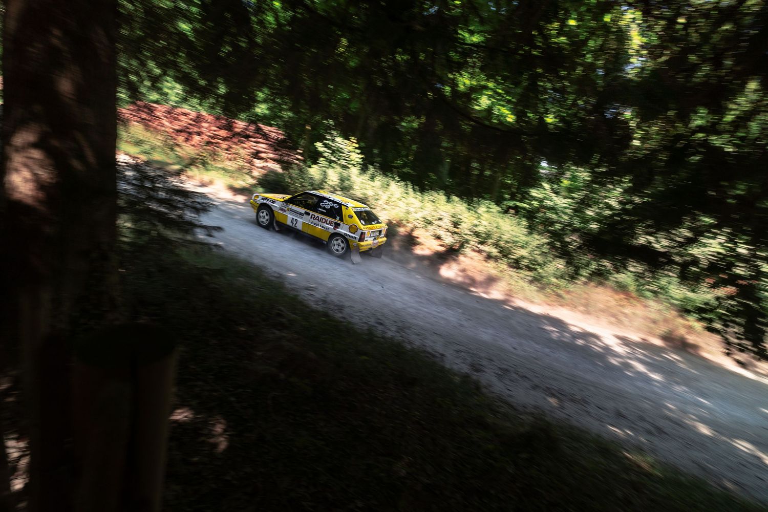 Yellow rally car speeding down a narrow dirt road surrounded by lush green trees during a rally race.