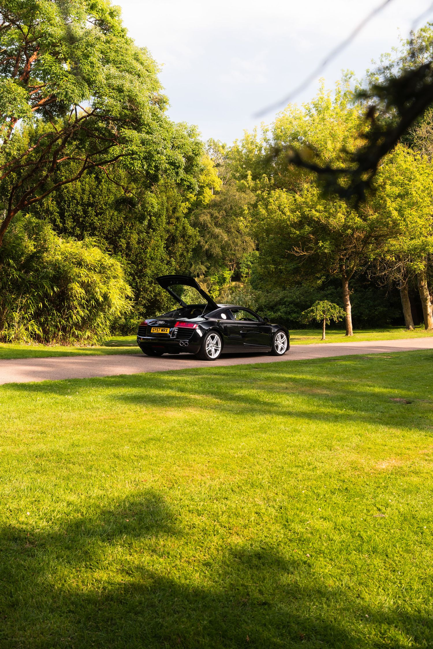 Black convertible sports car parked on a scenic driveway surrounded by lush green trees and manicured lawn.
